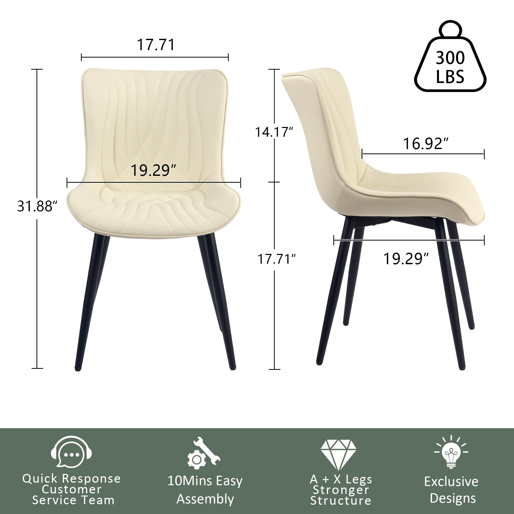 Set di 2 sedie da pranzo moderne imbottite in pelle senza braccioli
