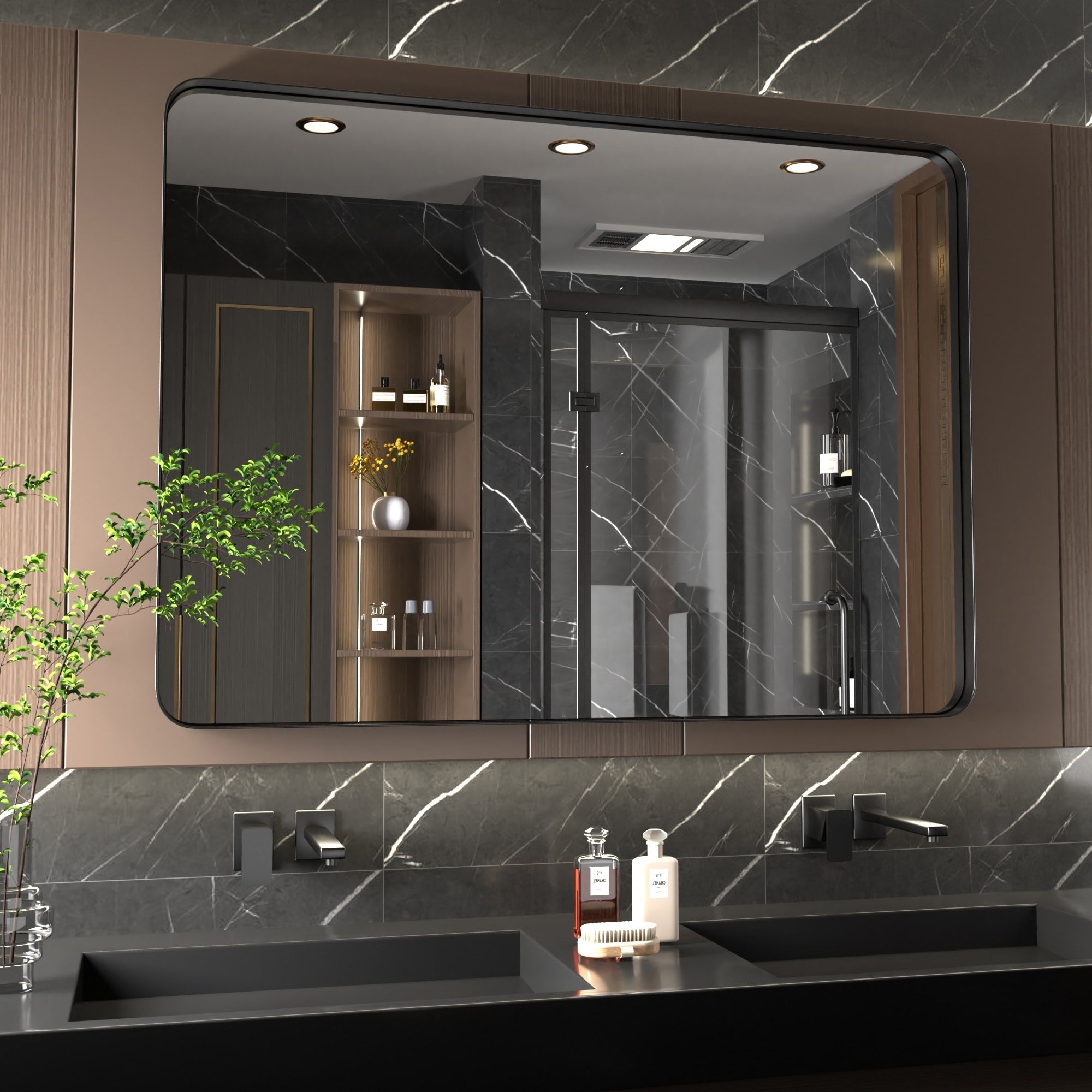 Specchio da parete moderno, specchio rettangolare con cornice in metallo, specchio da bagno con angolo arrotondato, specchio per trucco verticale/orizzontale