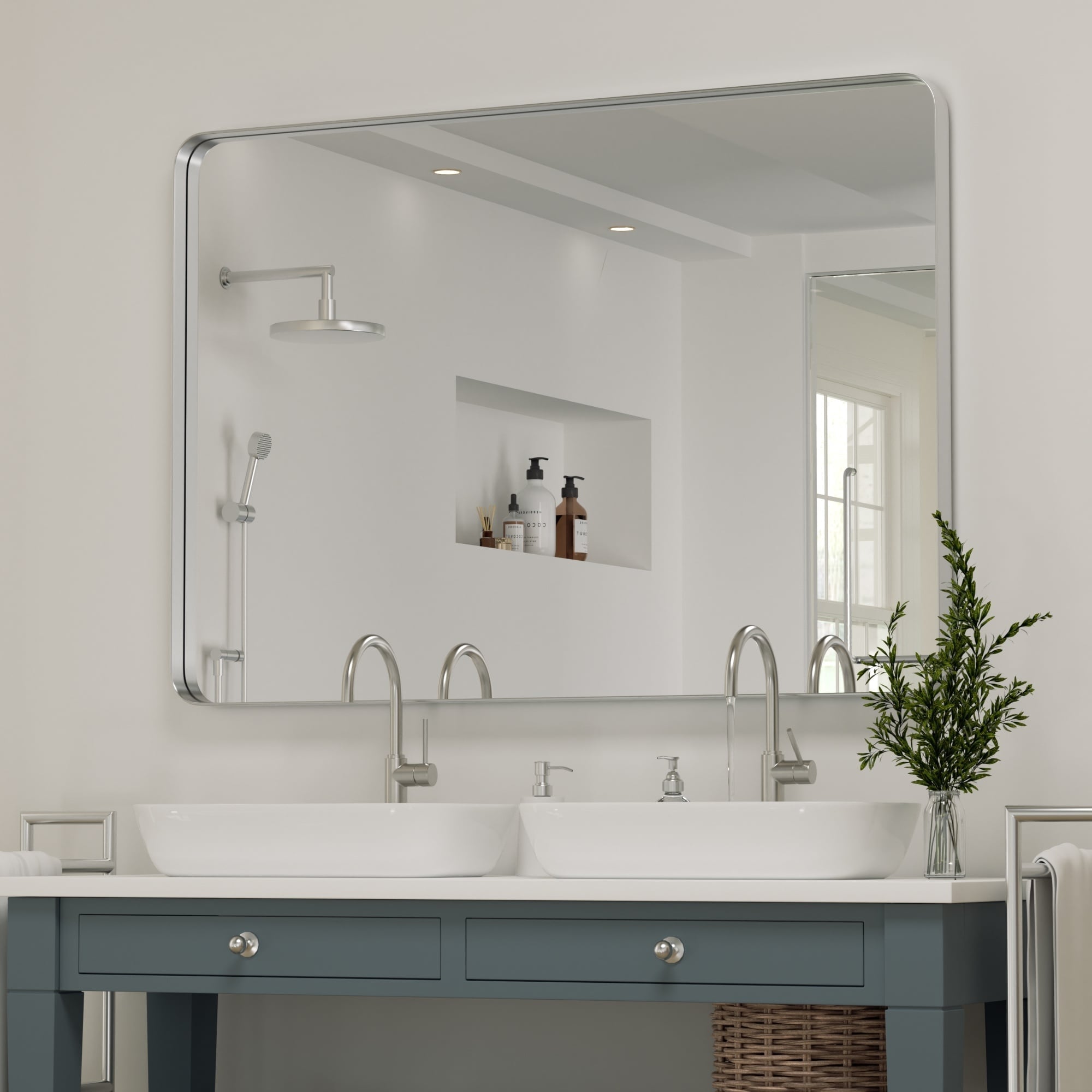 Specchio da parete moderno, specchio rettangolare con cornice in metallo, specchio da bagno con angolo arrotondato, specchio per trucco verticale/orizzontale