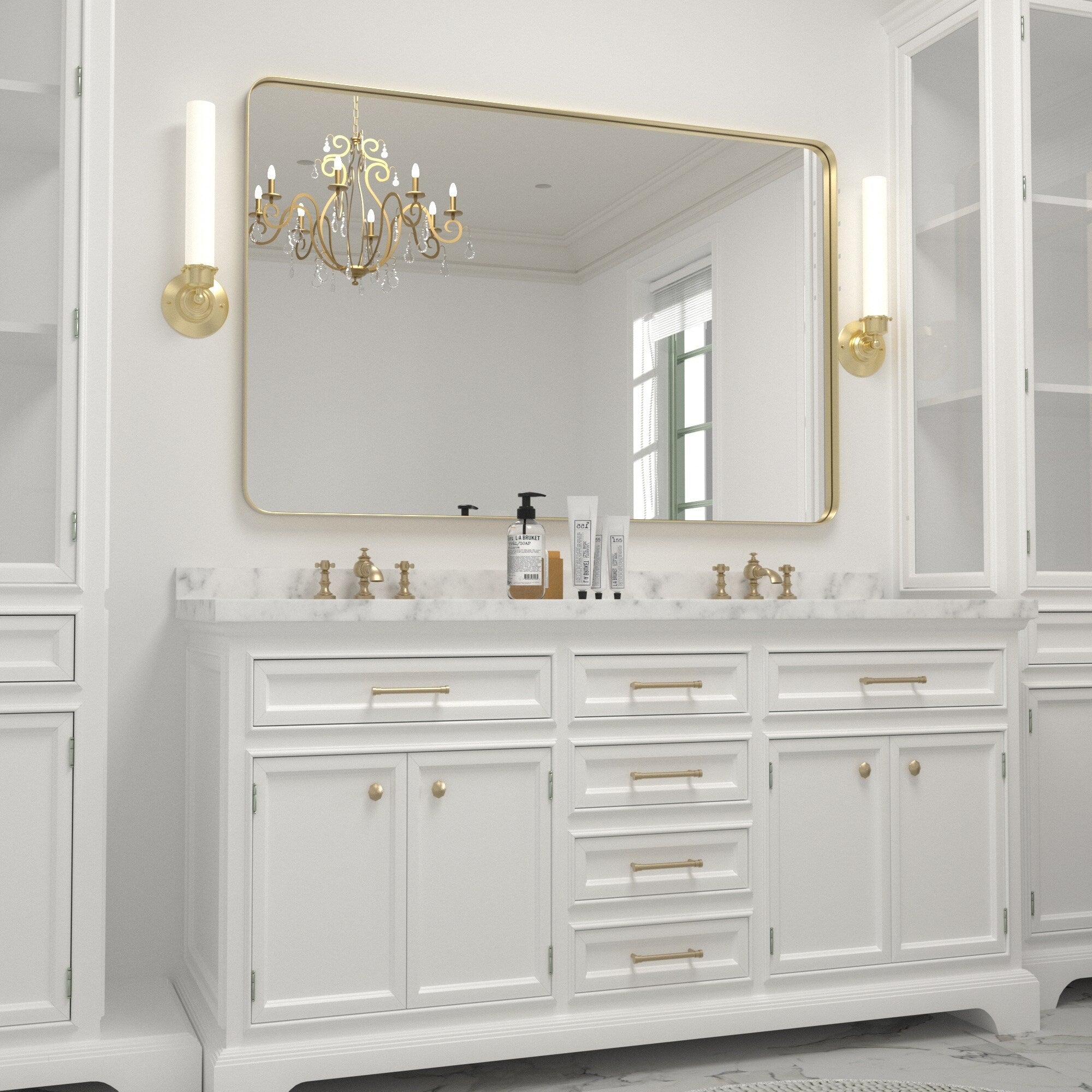 Specchio da parete moderno, specchio rettangolare con cornice in metallo, specchio da bagno con angolo arrotondato, specchio per trucco verticale/orizzontale