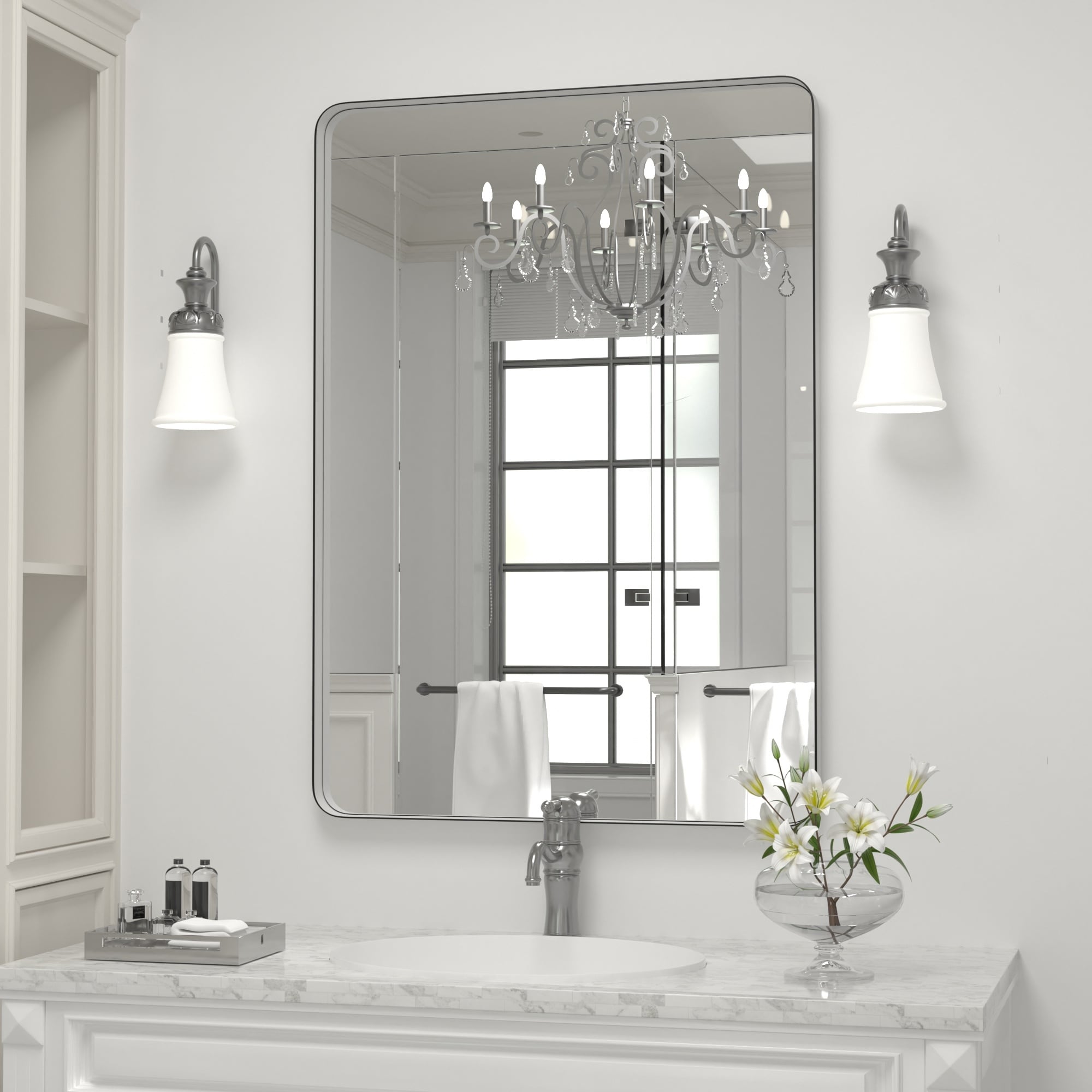 Specchio da parete moderno, specchio rettangolare con cornice in metallo, specchio da bagno con angolo arrotondato, specchio per trucco verticale/orizzontale
