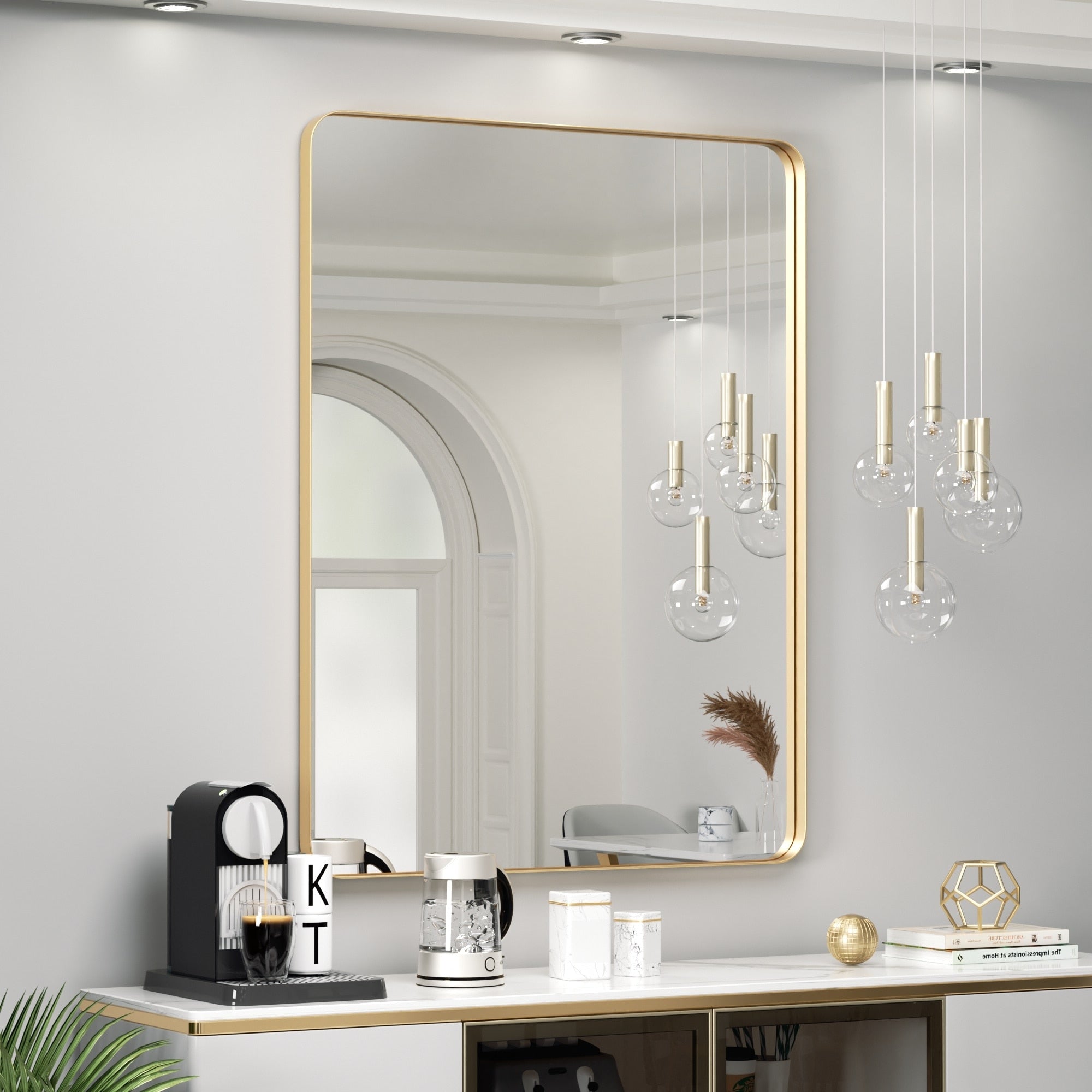 Specchio da parete moderno, specchio rettangolare con cornice in metallo, specchio da bagno con angolo arrotondato, specchio per trucco verticale/orizzontale