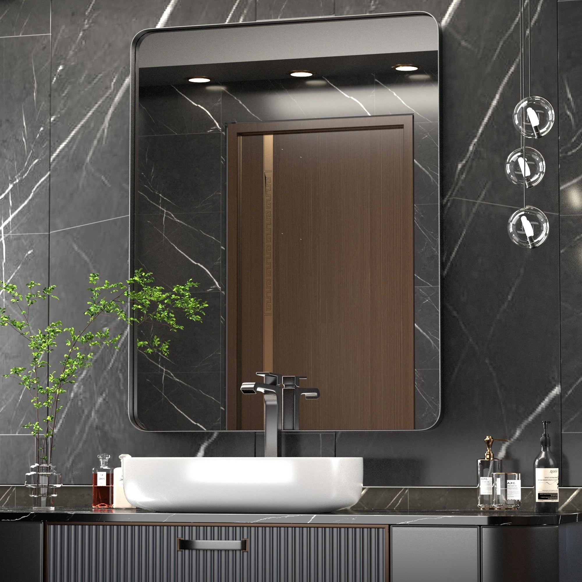 Specchio da parete moderno, specchio rettangolare con cornice in metallo, specchio da bagno con angolo arrotondato, specchio per trucco verticale/orizzontale