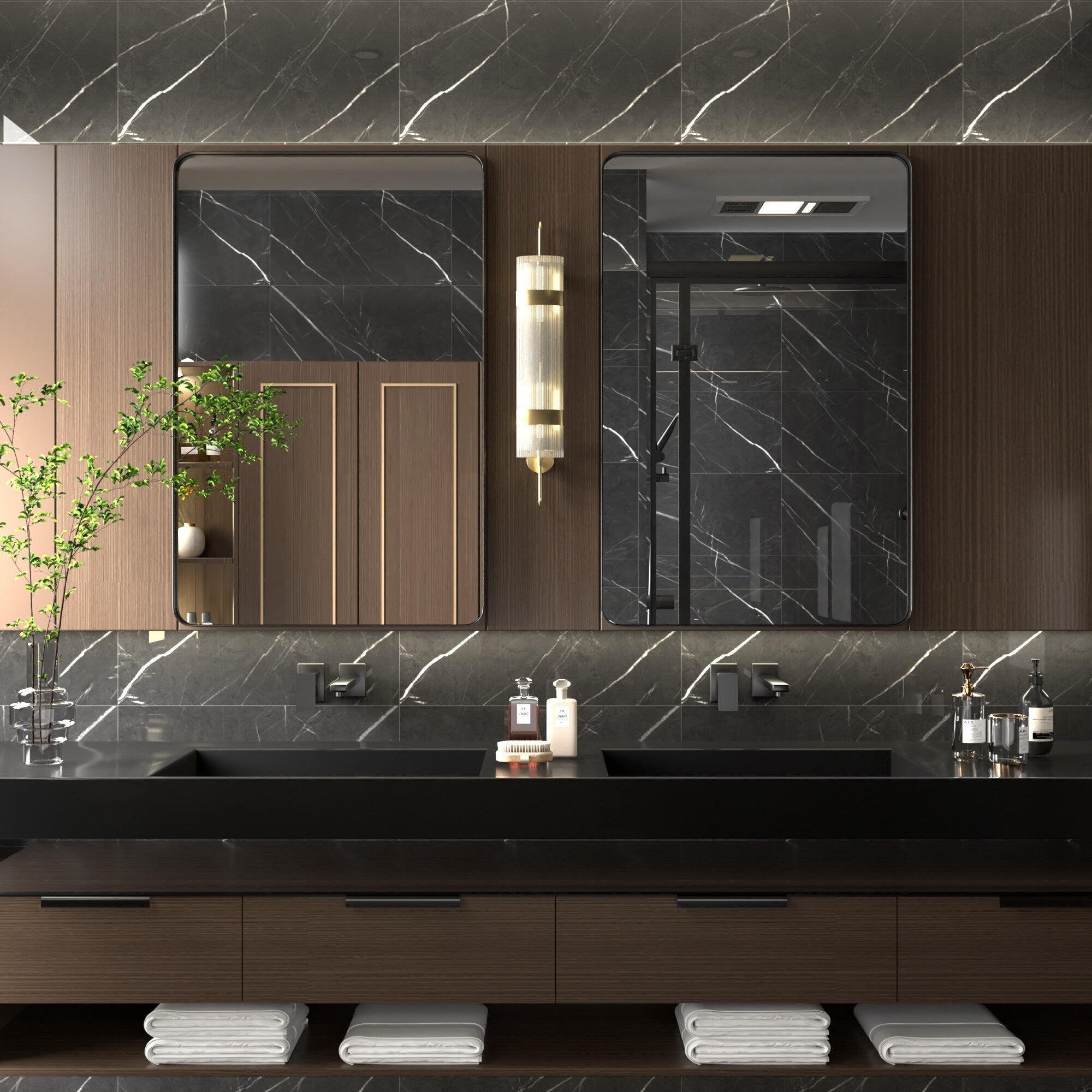 Specchio da parete moderno, specchio rettangolare con cornice in metallo, specchio da bagno con angolo arrotondato, specchio per trucco verticale/orizzontale