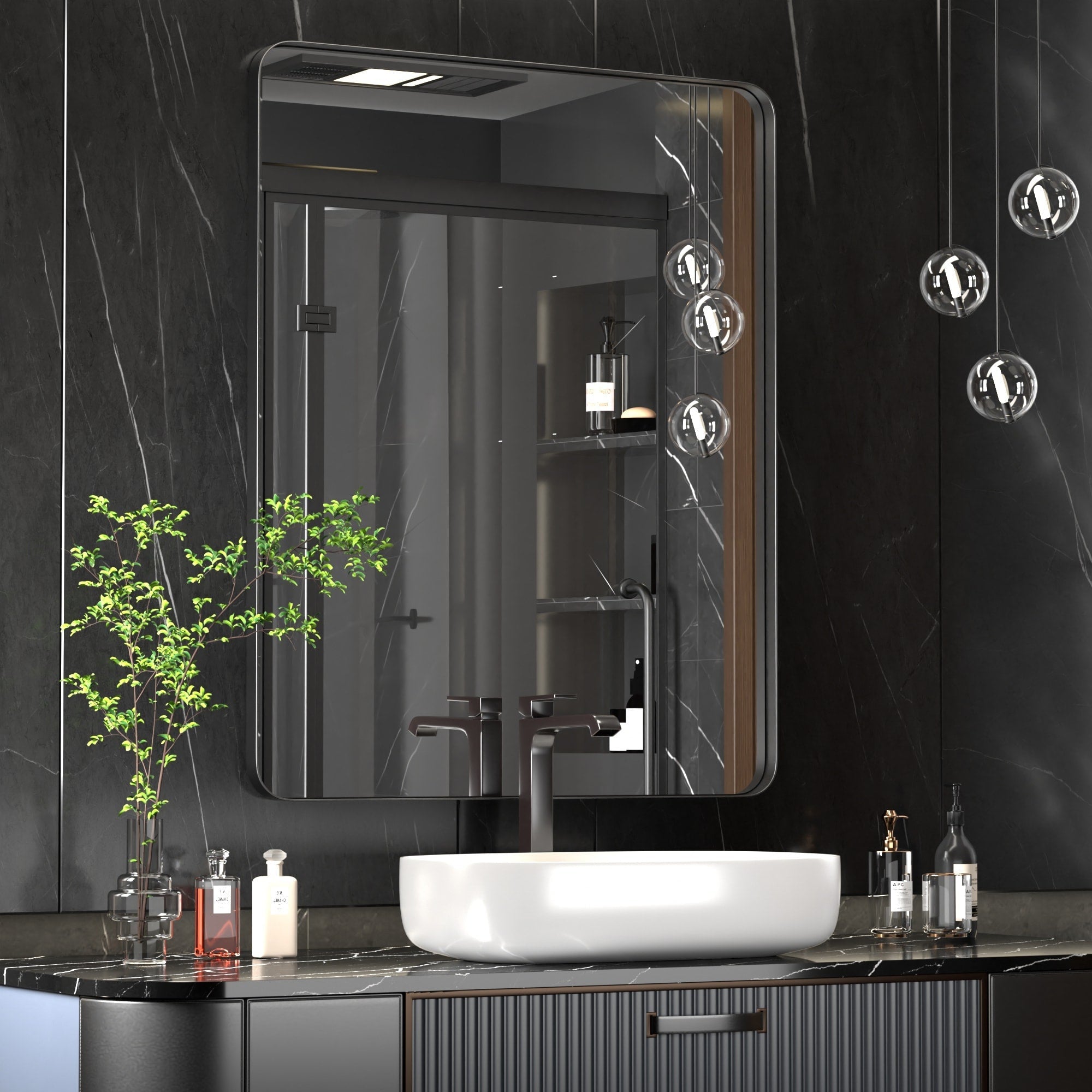 Specchio da parete moderno, specchio rettangolare con cornice in metallo, specchio da bagno con angolo arrotondato, specchio per trucco verticale/orizzontale