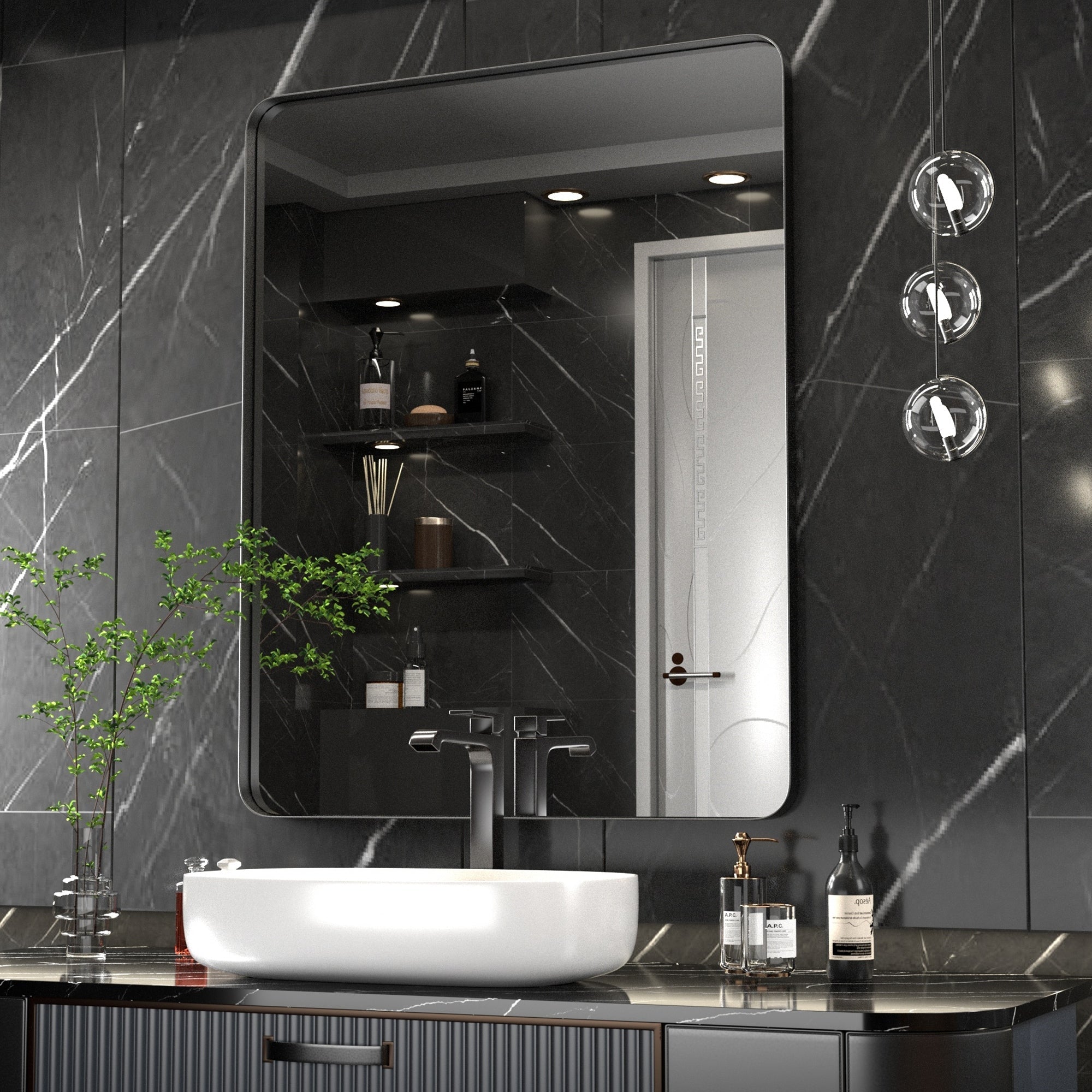 Specchio da parete moderno, specchio rettangolare con cornice in metallo, specchio da bagno con angolo arrotondato, specchio per trucco verticale/orizzontale