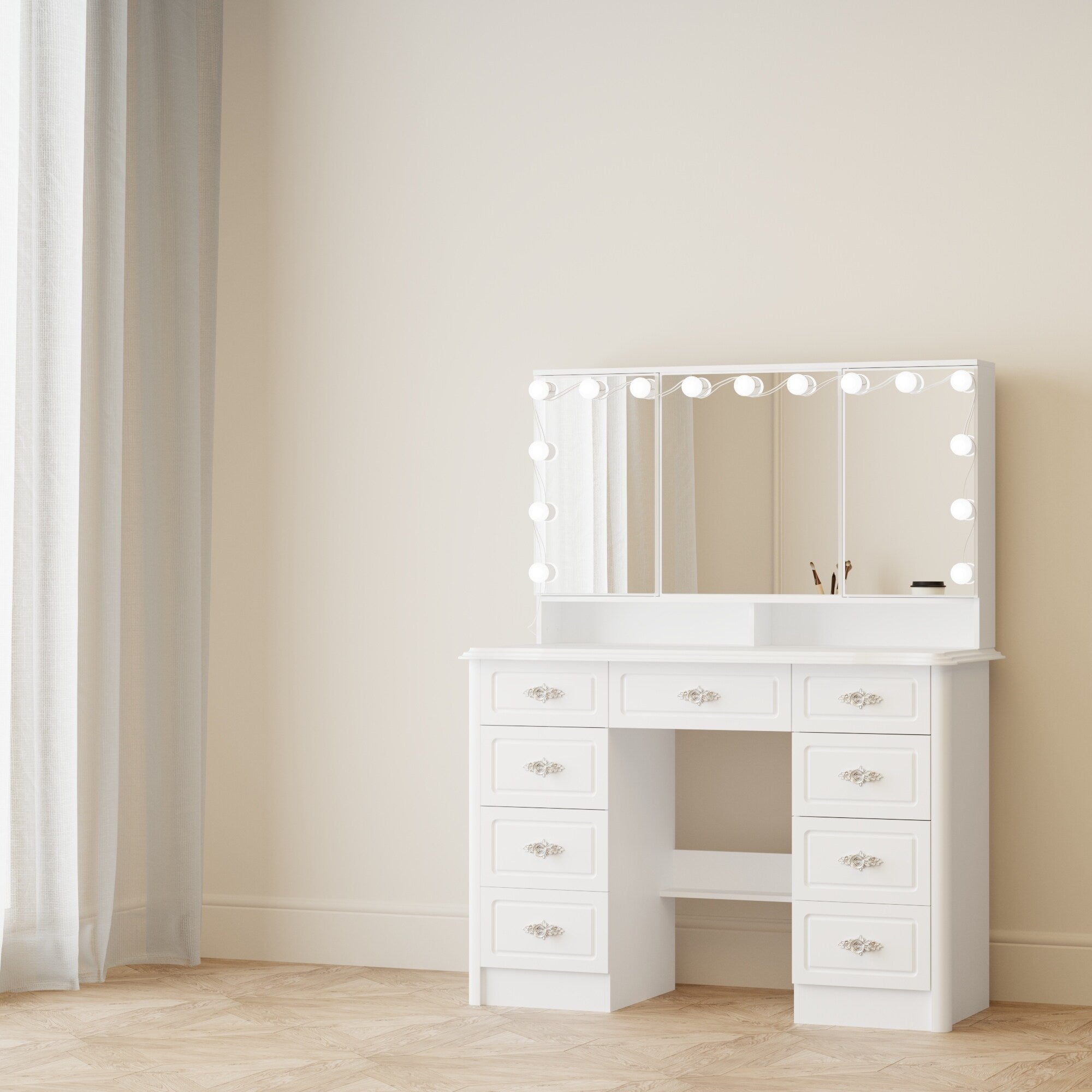 Specchio da trucco pieghevole moderno bianco con illuminazione regolabile - 40,2x54,1