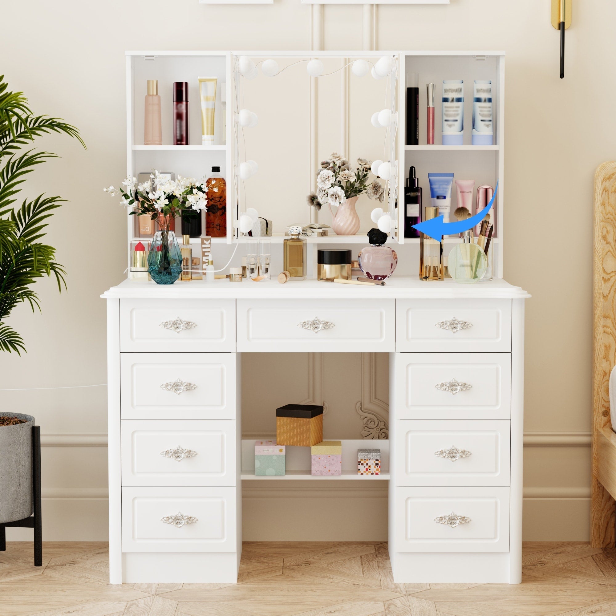 Specchio da trucco pieghevole moderno bianco con illuminazione regolabile - 40,2x54,1