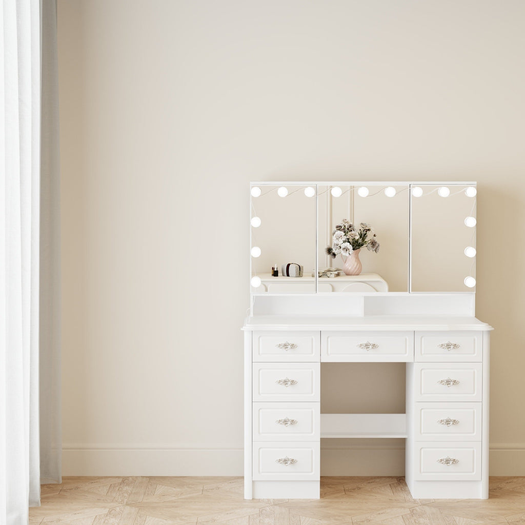 Specchio da trucco pieghevole moderno bianco con illuminazione regolabile - 40,2x54,1