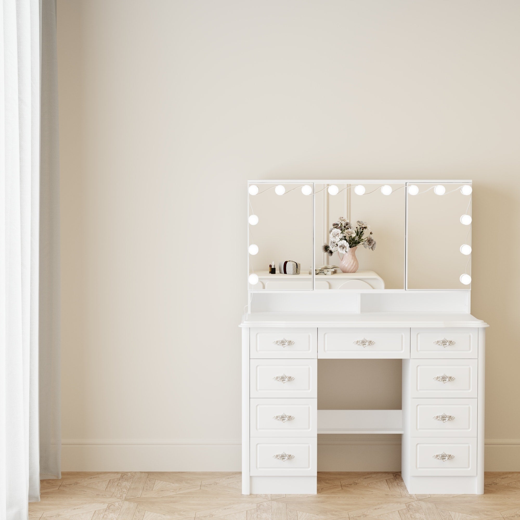Specchio da trucco pieghevole moderno bianco con illuminazione regolabile - 40,2x54,1