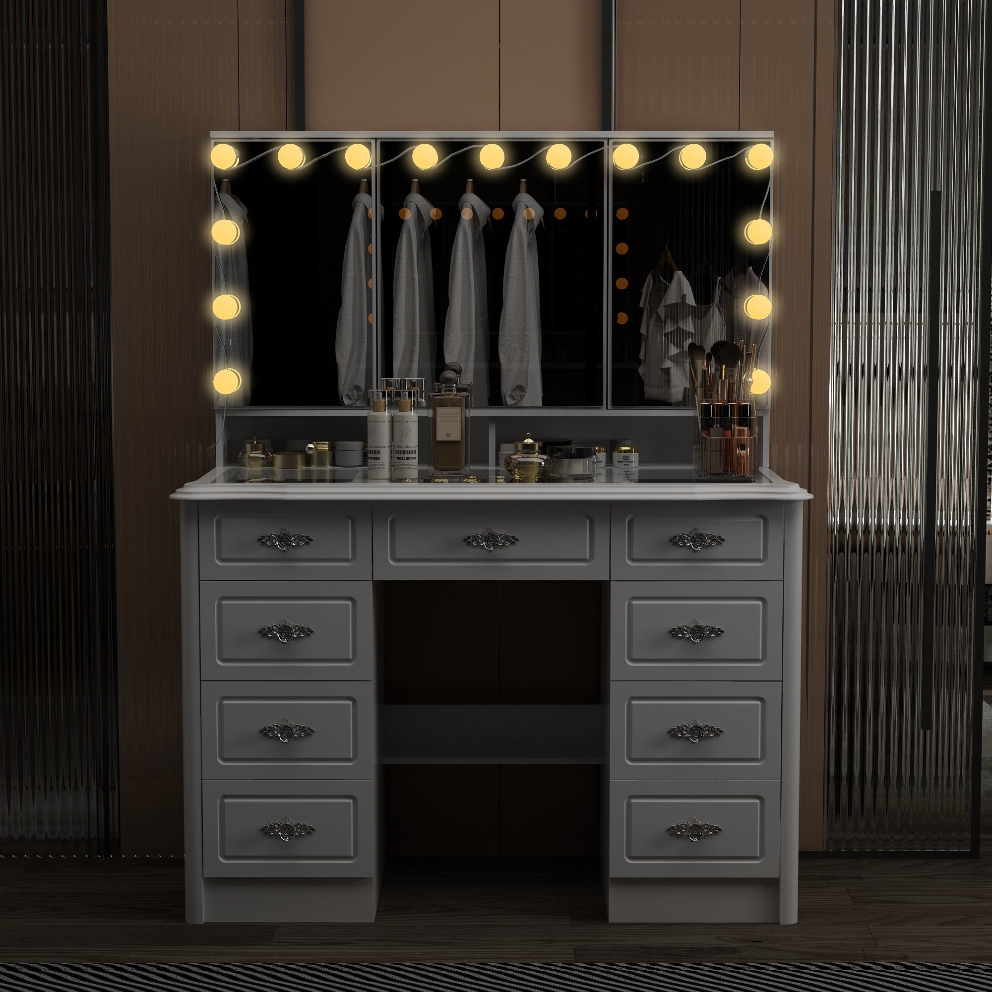 Specchio da trucco pieghevole moderno bianco con illuminazione regolabile - 40,2x54,1