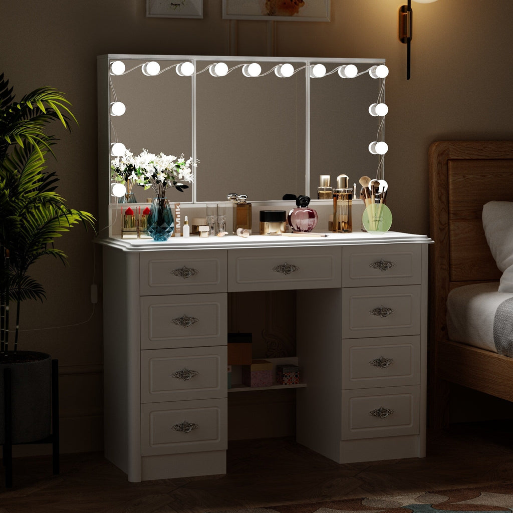 Specchio da trucco pieghevole moderno bianco con illuminazione regolabile - 40,2x54,1