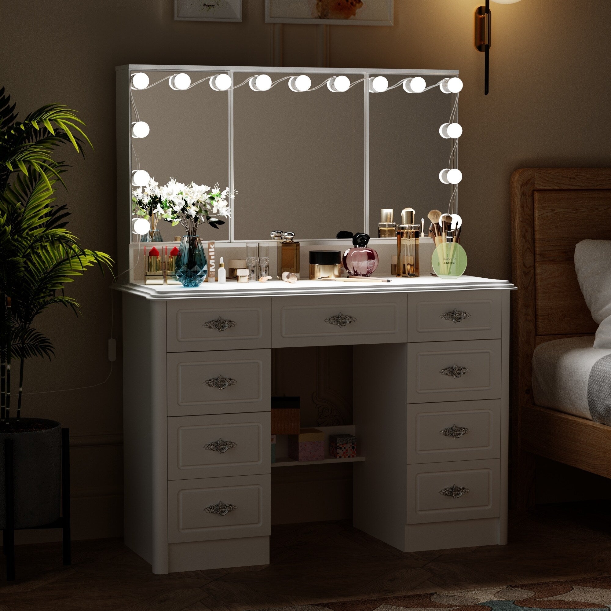 Specchio da trucco pieghevole moderno bianco con illuminazione regolabile - 40,2x54,1