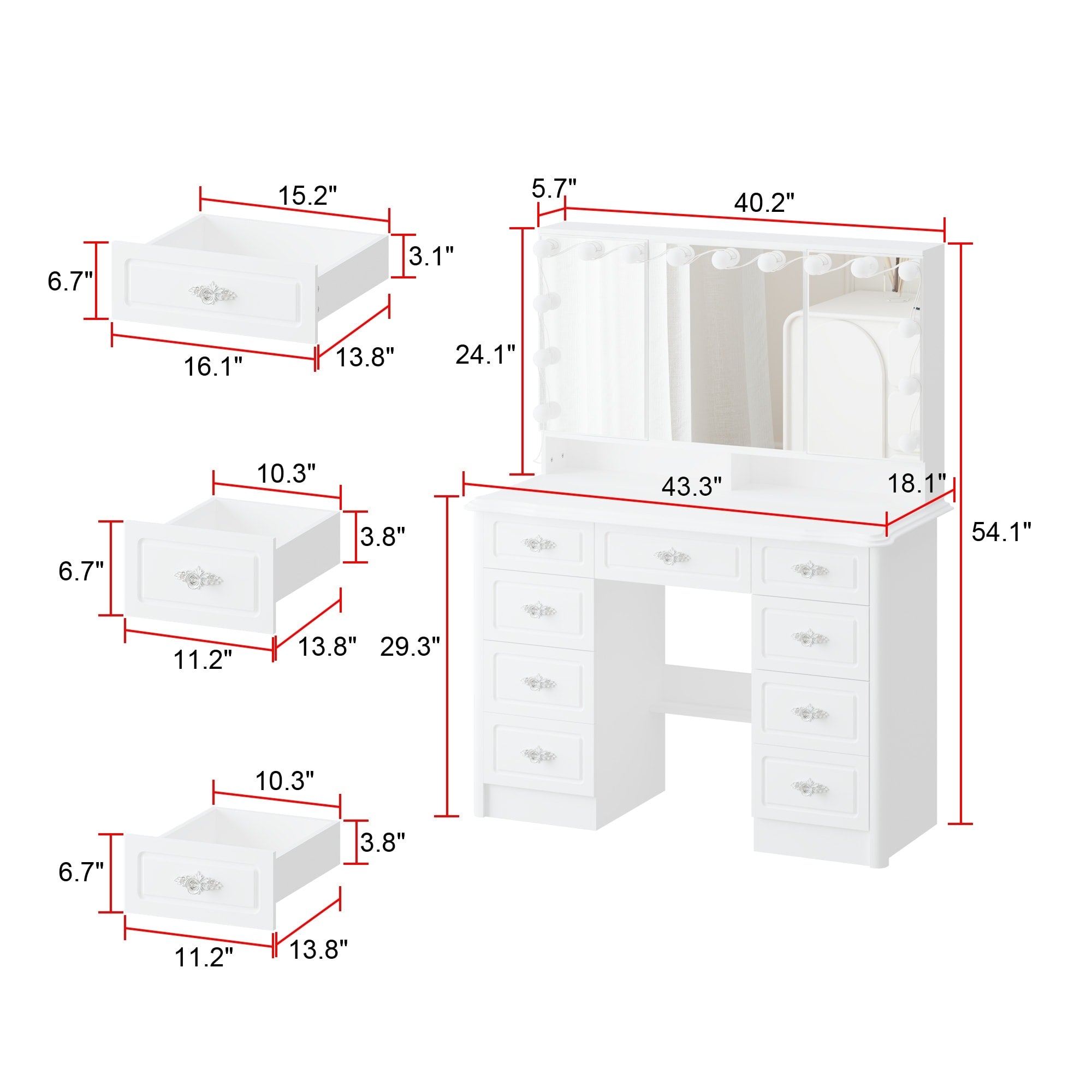 Specchio da trucco pieghevole moderno bianco con illuminazione regolabile - 40,2x54,1