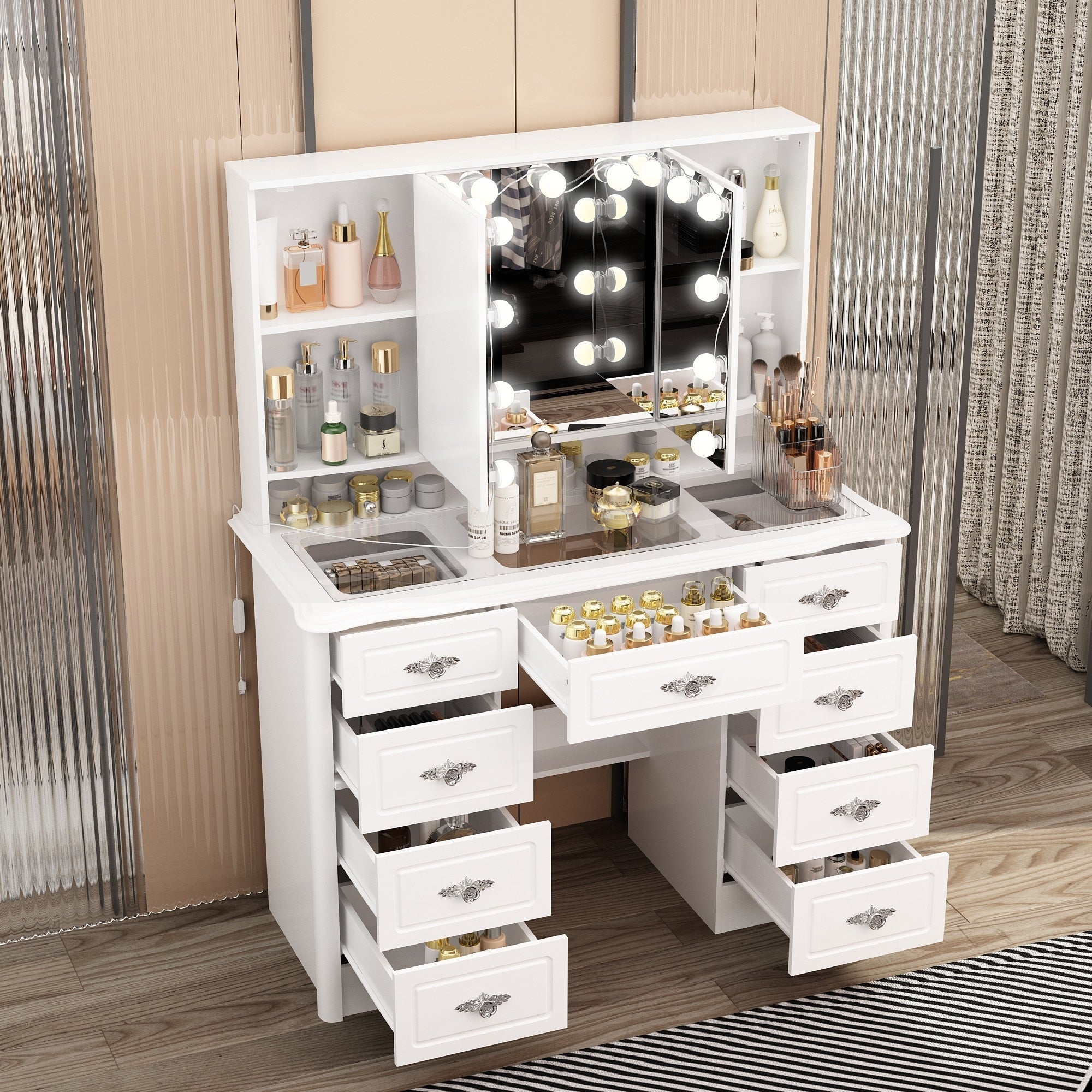 Specchio da trucco pieghevole moderno bianco con illuminazione regolabile - 40,2x54,1