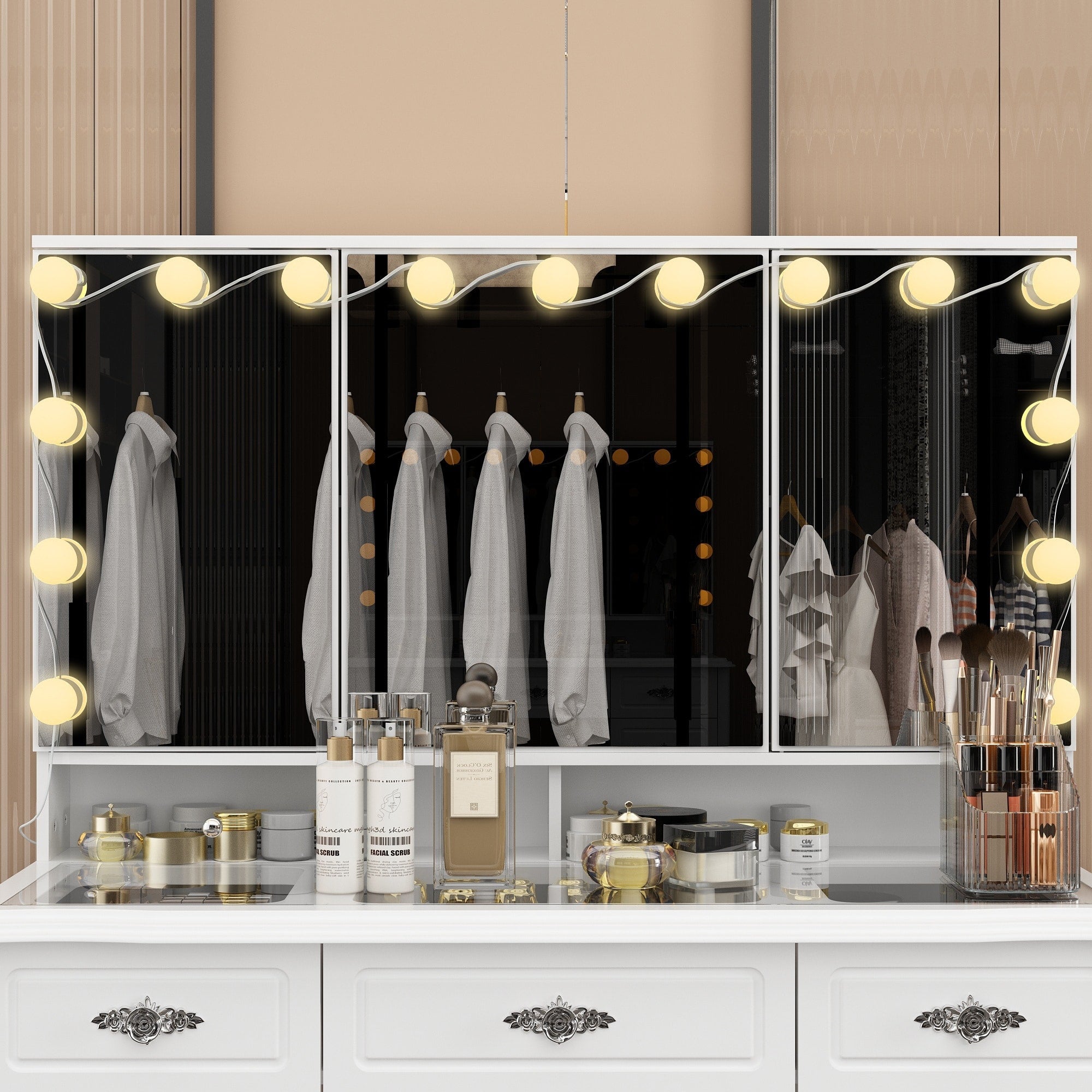 Specchio da trucco pieghevole moderno bianco con illuminazione regolabile - 40,2x54,1