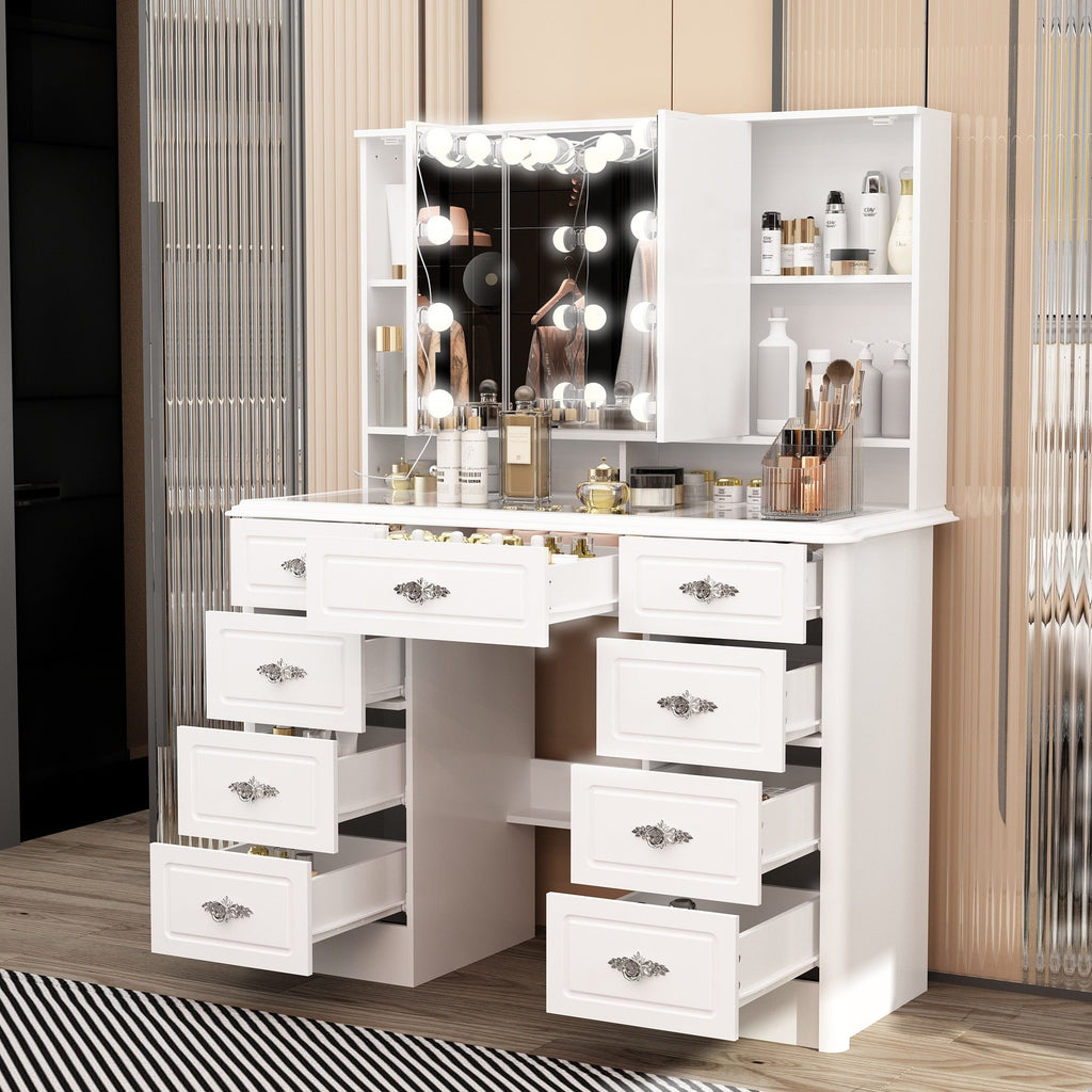 Specchio da trucco pieghevole moderno bianco con illuminazione regolabile - 40,2x54,1