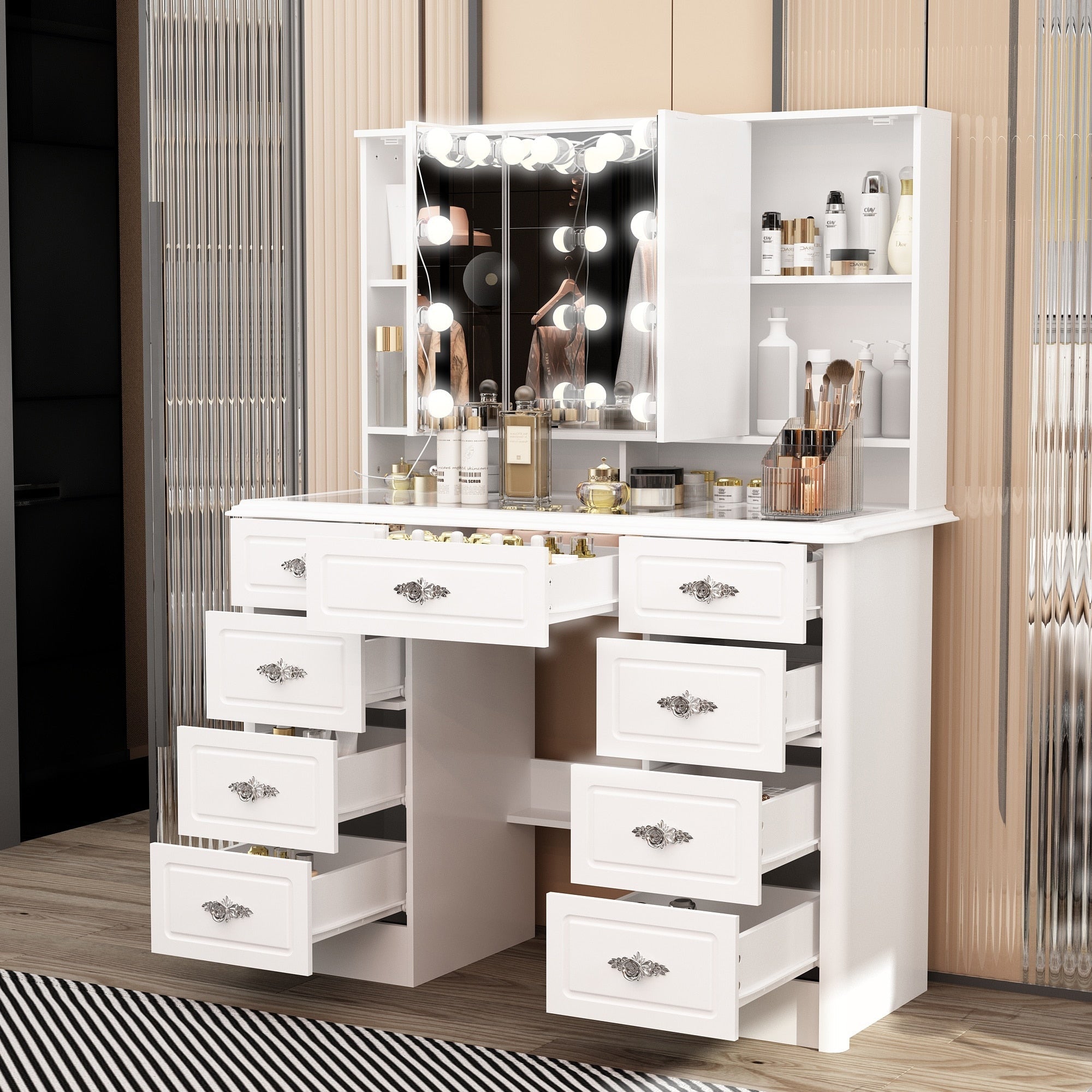 Specchio da trucco pieghevole moderno bianco con illuminazione regolabile - 40,2x54,1