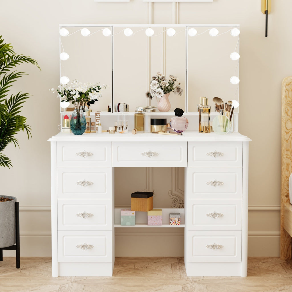 Specchio da trucco pieghevole moderno bianco con illuminazione regolabile - 40,2x54,1