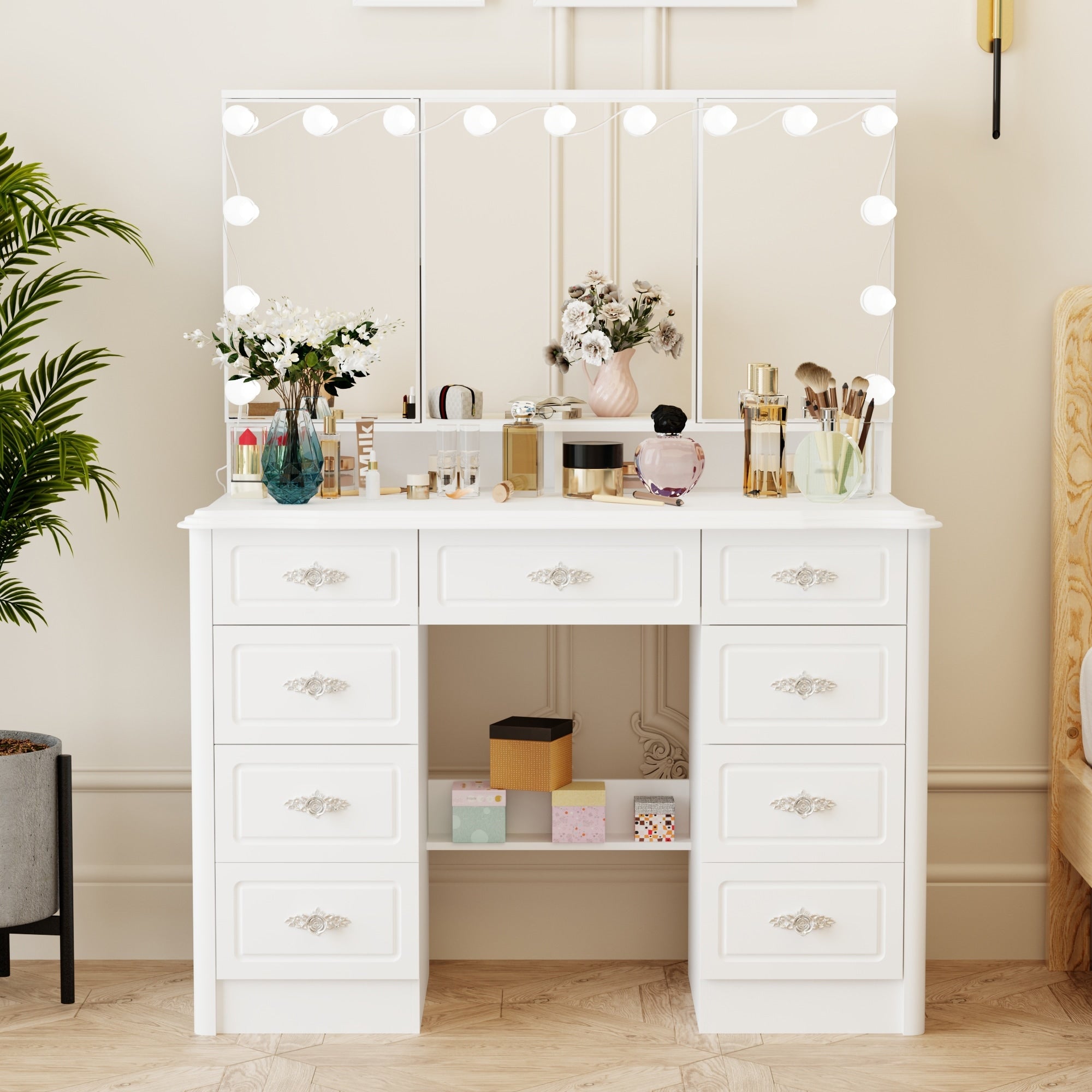 Specchio da trucco pieghevole moderno bianco con illuminazione regolabile - 40,2x54,1