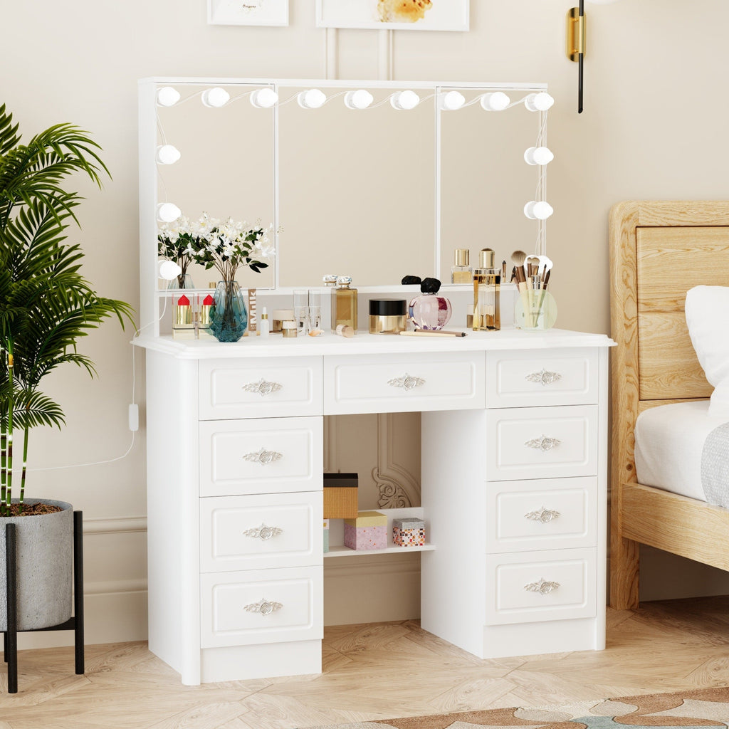Specchio da trucco pieghevole moderno bianco con illuminazione regolabile - 40,2x54,1