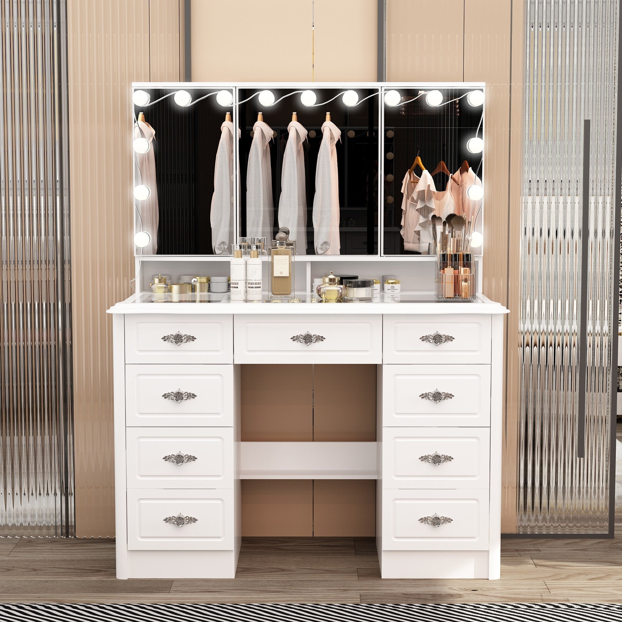 Specchio da trucco pieghevole moderno bianco con illuminazione regolabile - 40,2x54,1