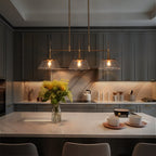 Lampadario lineare a isola Mola Modern Gold a 3 luci in vetro seminato per sala da pranzo