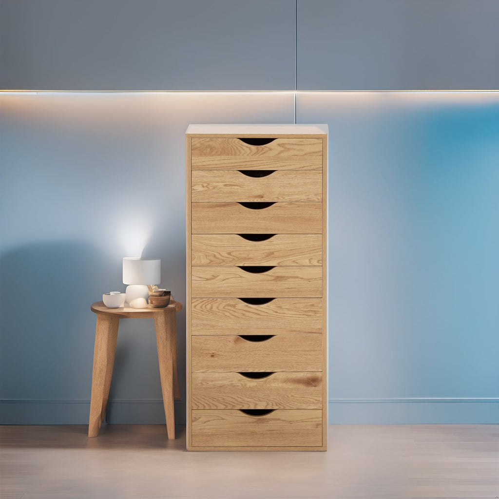Mobiletto stretto in legno a 9 cassetti con cassetti scorrevoli e ripiano superiore portaoggetti