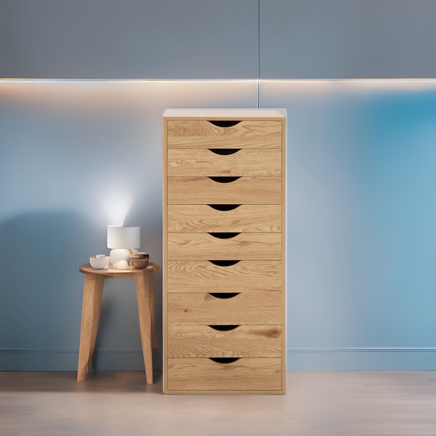 Mobiletto stretto in legno a 9 cassetti con cassetti scorrevoli e ripiano superiore portaoggetti