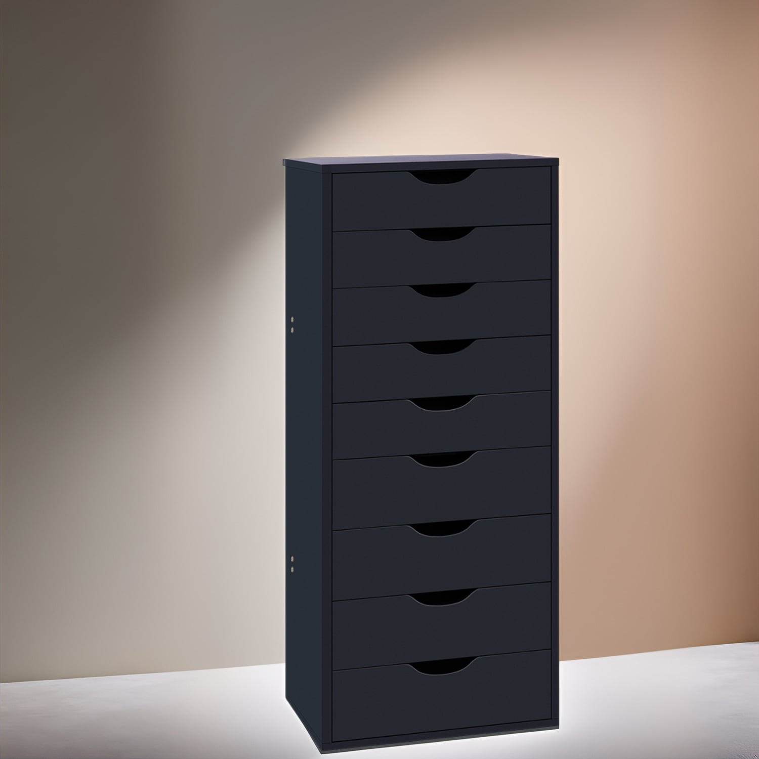 Mobiletto stretto in legno a 9 cassetti con cassetti scorrevoli e ripiano superiore portaoggetti