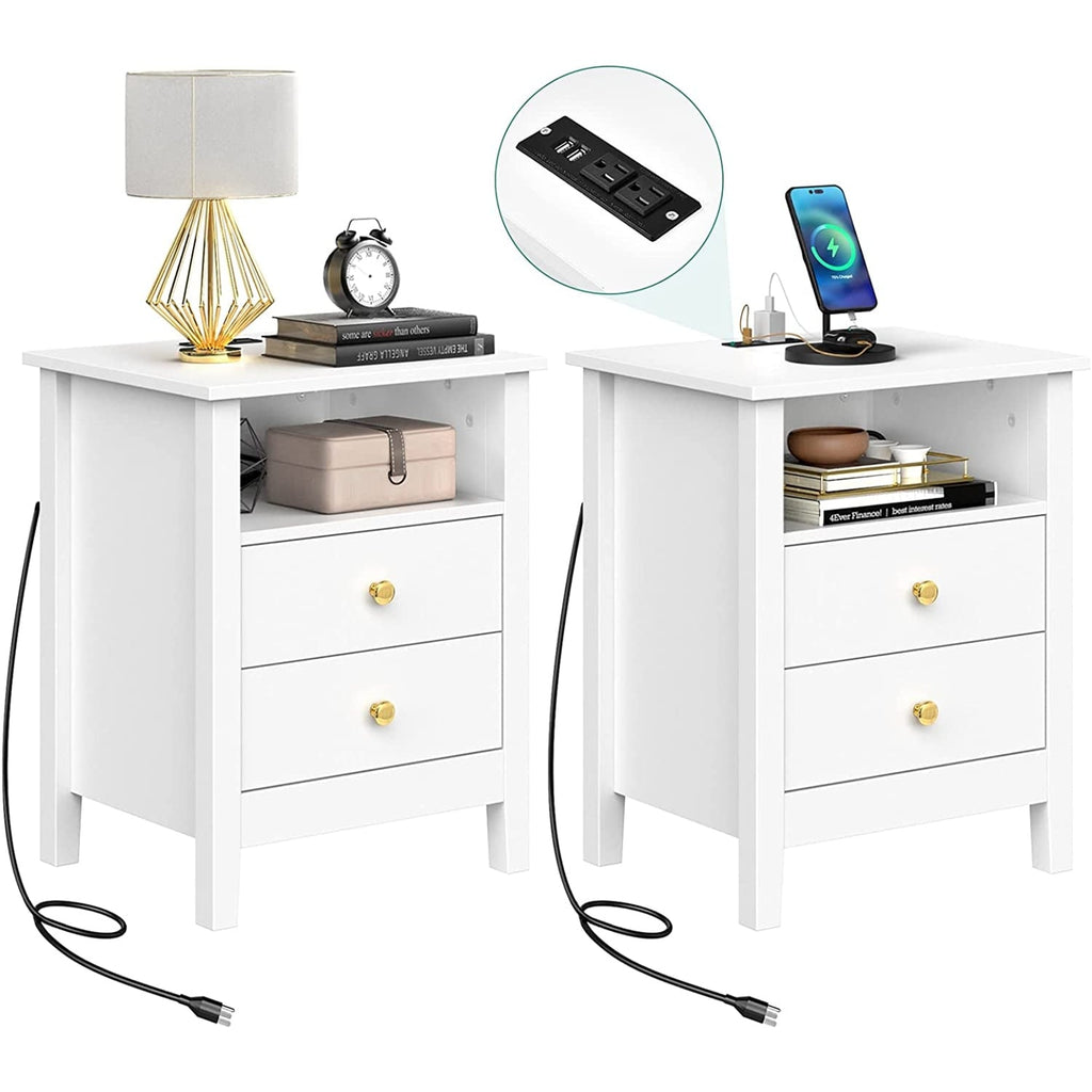 Set di 2 comodini con stazione di ricarica, tavolino laterale con 2 cassetti, porte USB e prese, comodino