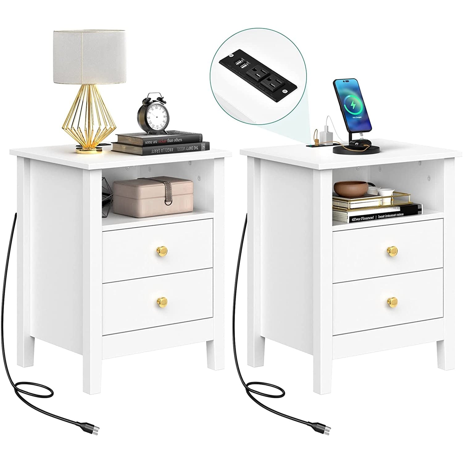 Set di 2 comodini con stazione di ricarica, tavolino laterale con 2 cassetti, porte USB e prese, comodino