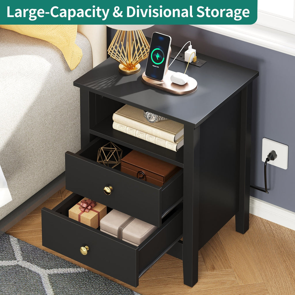 Set di 2 comodini con stazione di ricarica, tavolino laterale con 2 cassetti, porte USB e prese, comodino