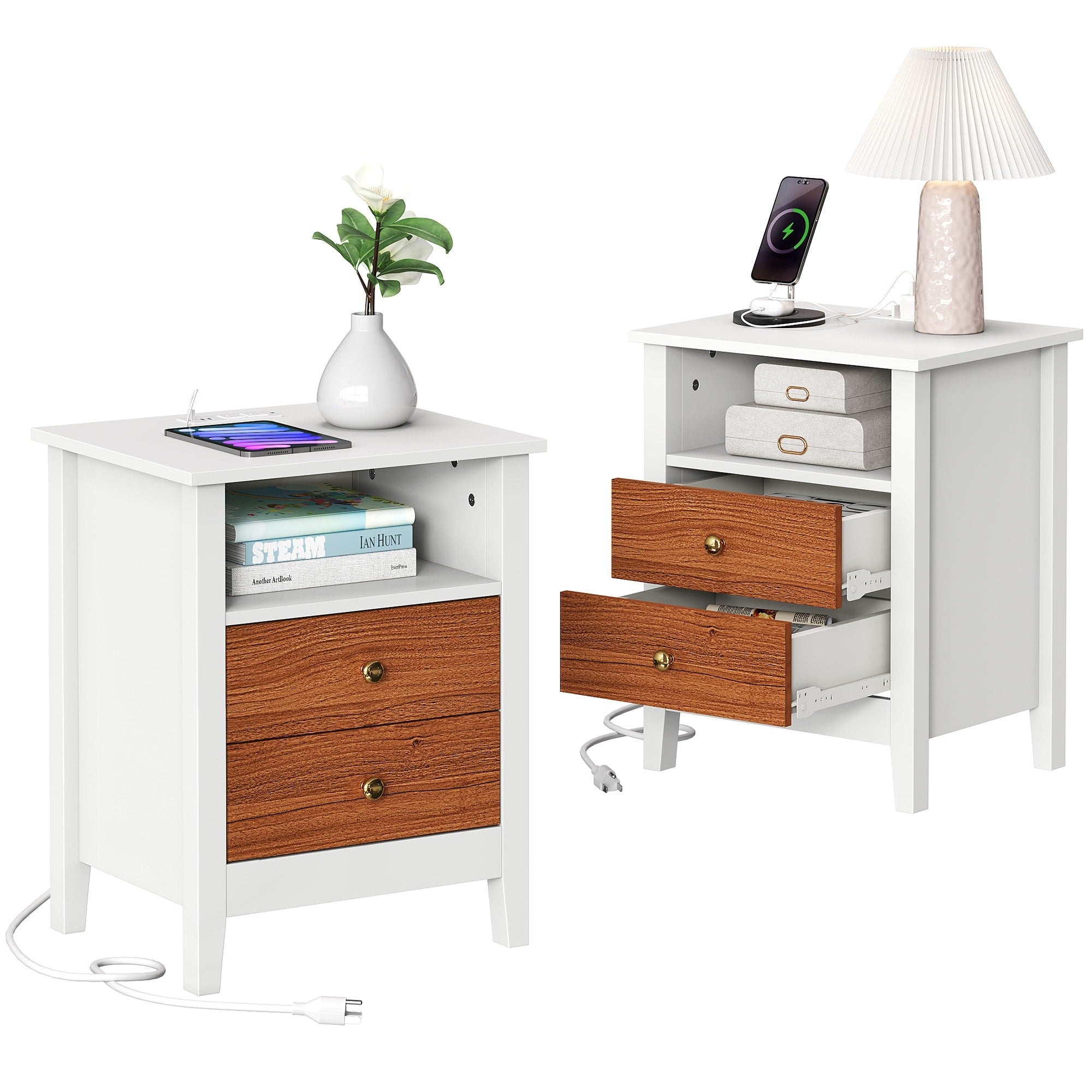 Set di 2 comodini con stazione di ricarica, tavolino laterale con 2 cassetti, porte USB e prese, comodino