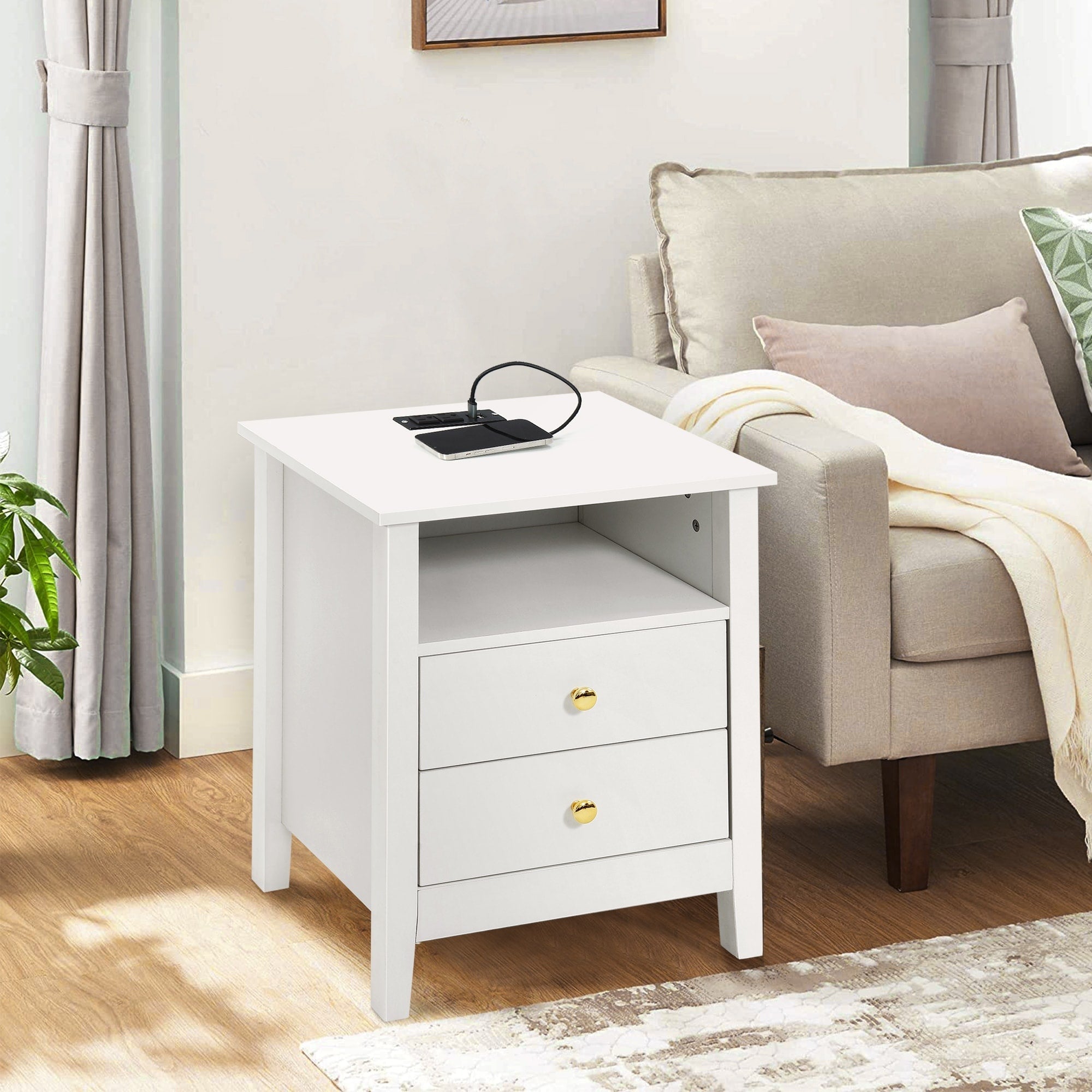 Set di 2 comodini con stazione di ricarica, tavolino laterale con 2 cassetti, porte USB e prese, comodino