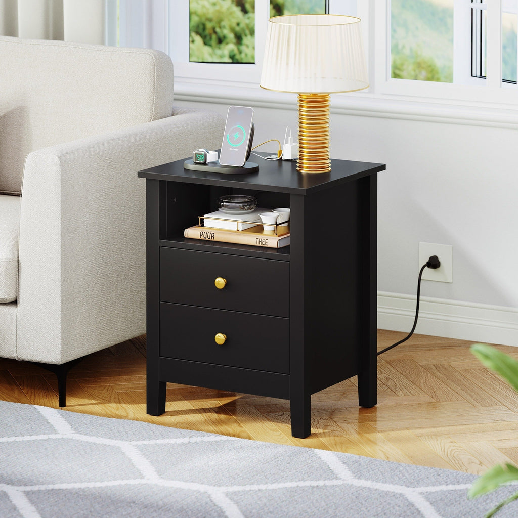 Set di 2 comodini con stazione di ricarica, tavolino laterale con 2 cassetti, porte USB e prese, comodino