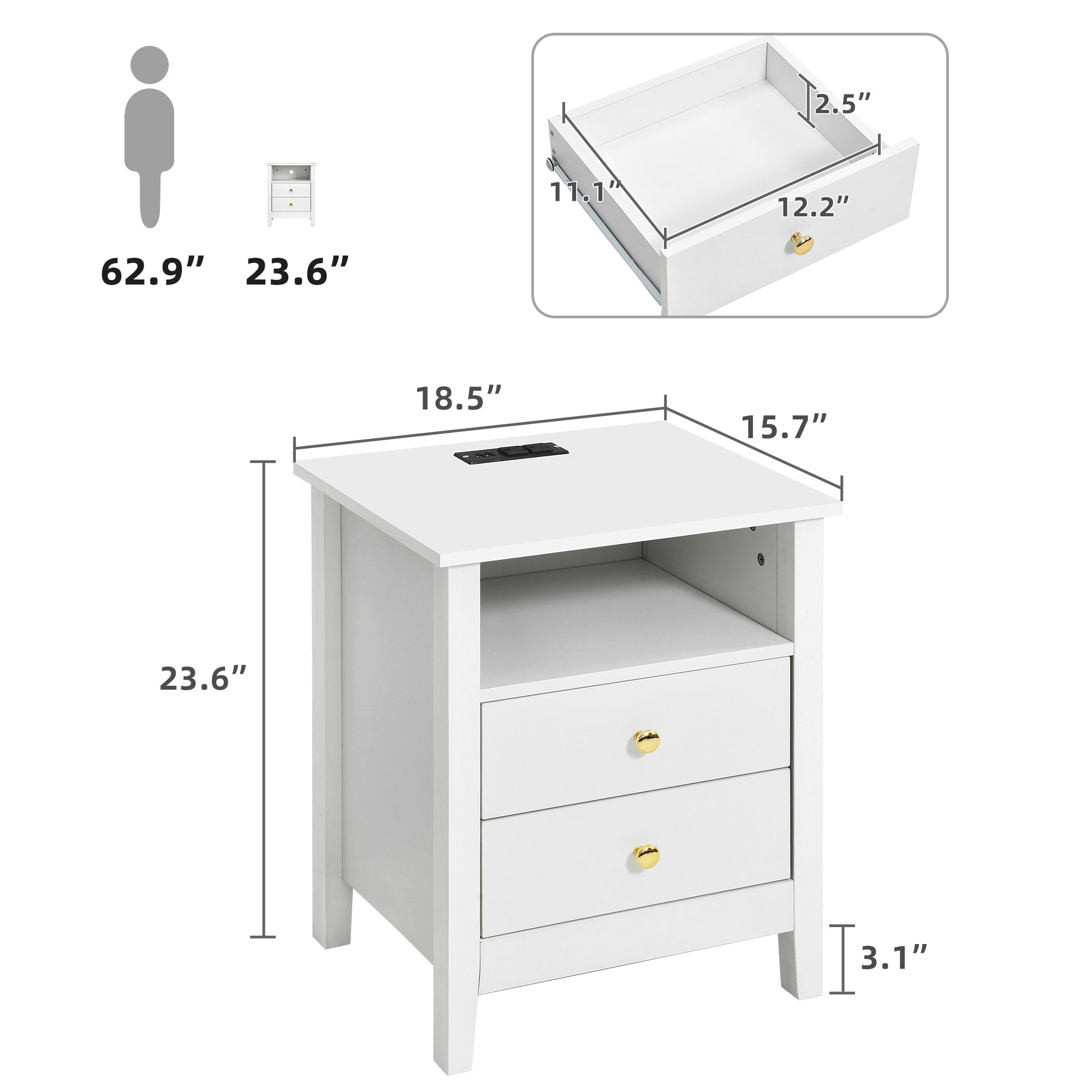 Set di 2 comodini con stazione di ricarica, tavolino laterale con 2 cassetti, porte USB e prese, comodino
