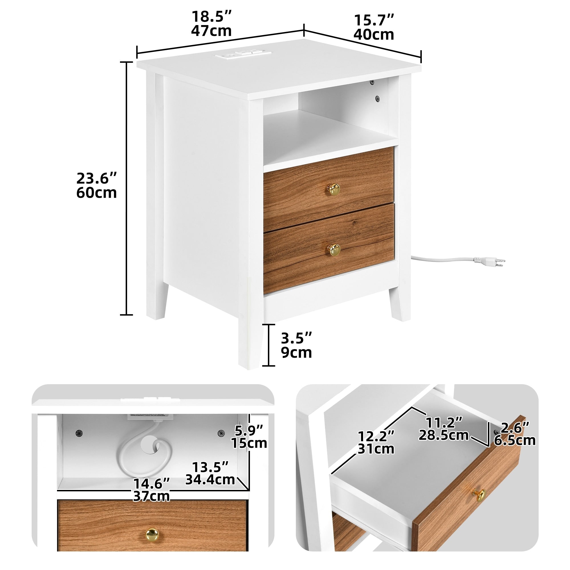 Set di 2 comodini con stazione di ricarica, tavolino laterale con 2 cassetti, porte USB e prese, comodino