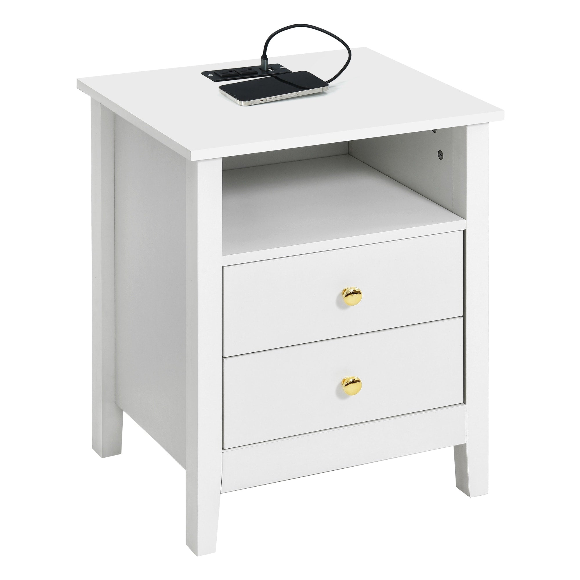 Set di 2 comodini con stazione di ricarica, tavolino laterale con 2 cassetti, porte USB e prese, comodino