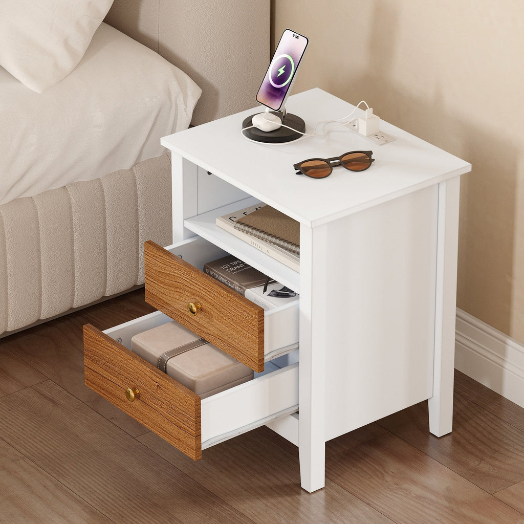 Set di 2 comodini con stazione di ricarica, tavolino laterale con 2 cassetti, porte USB e prese, comodino