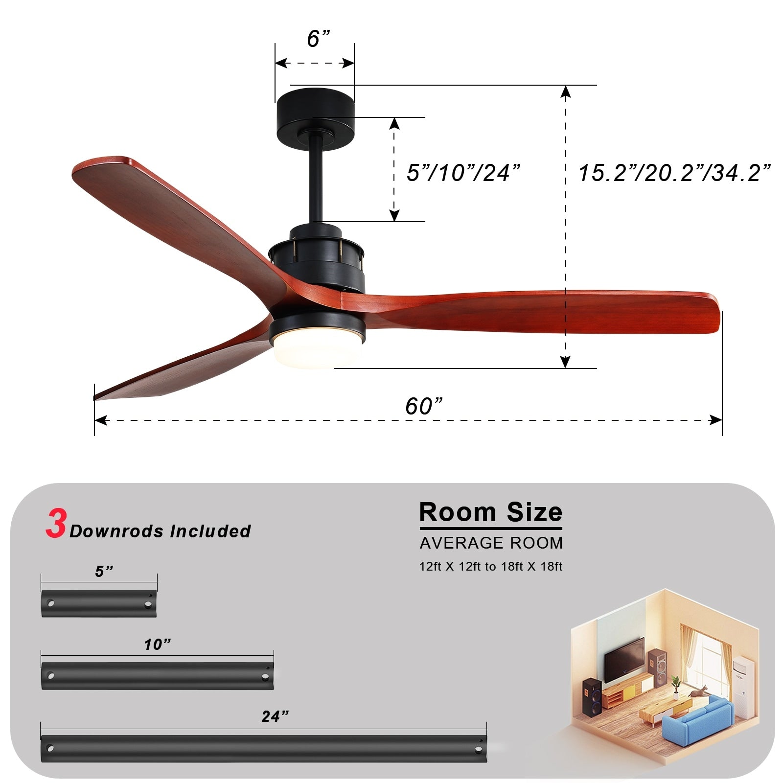 Ventilatore da soffitto silenzioso in legno di noce 52/60/48 con telecomando, luce integrata opzionale