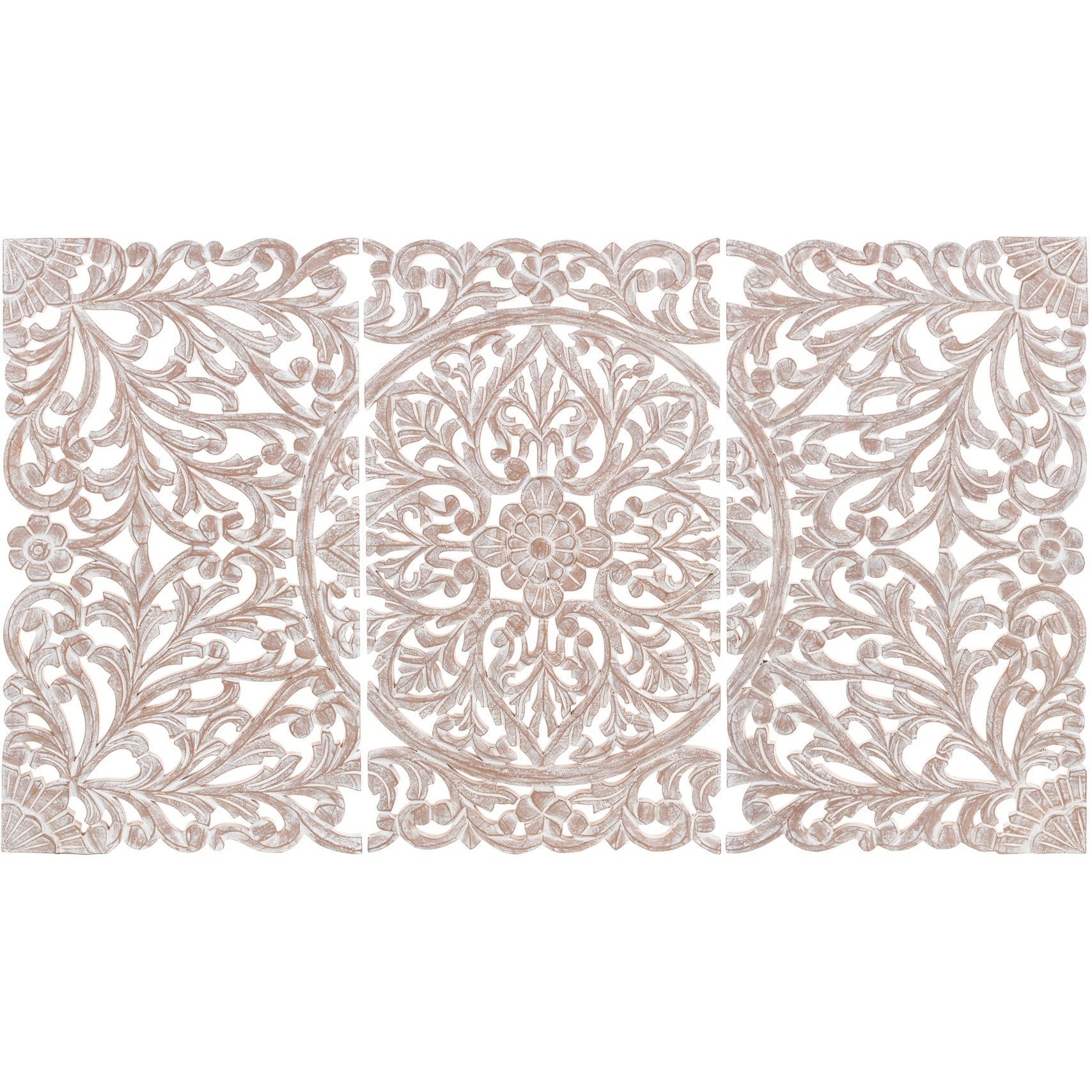Norma Floral, arte murale in legno naturale intagliato a mano, 48x28 pollici, 3 pannelli