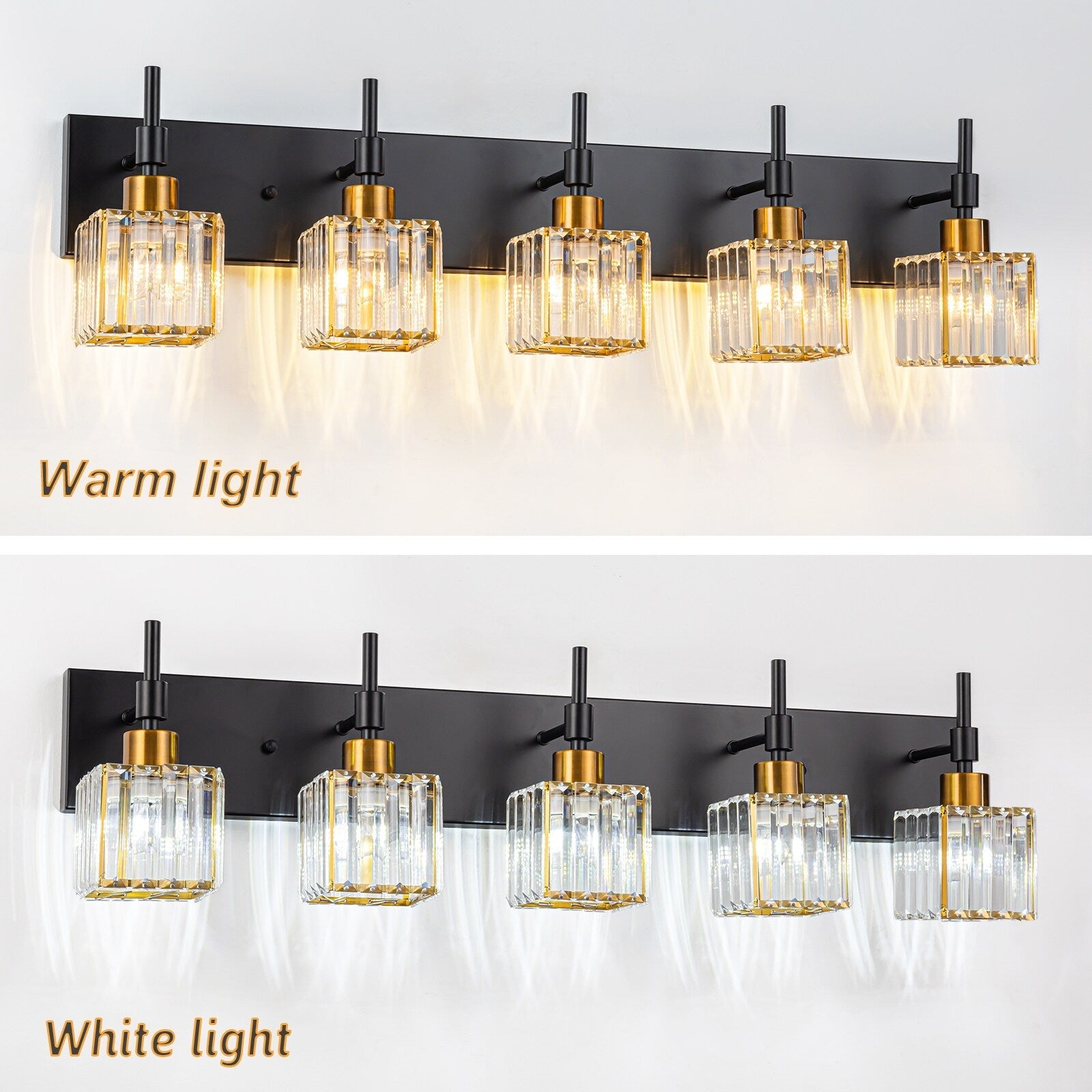 Ora Modern, lampade da bagno in cristallo dimmerabili sopra lo specchio, luci glamour per il bagno