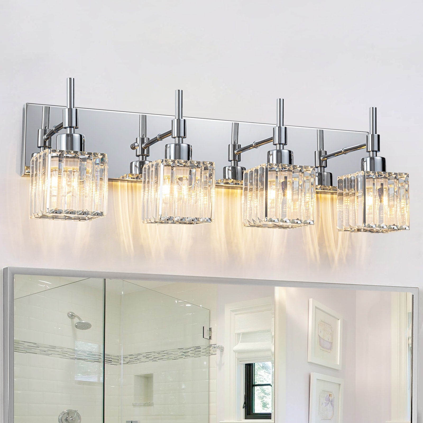 Ora Modern, lampade da bagno in cristallo dimmerabili sopra lo specchio, luci glamour per il bagno