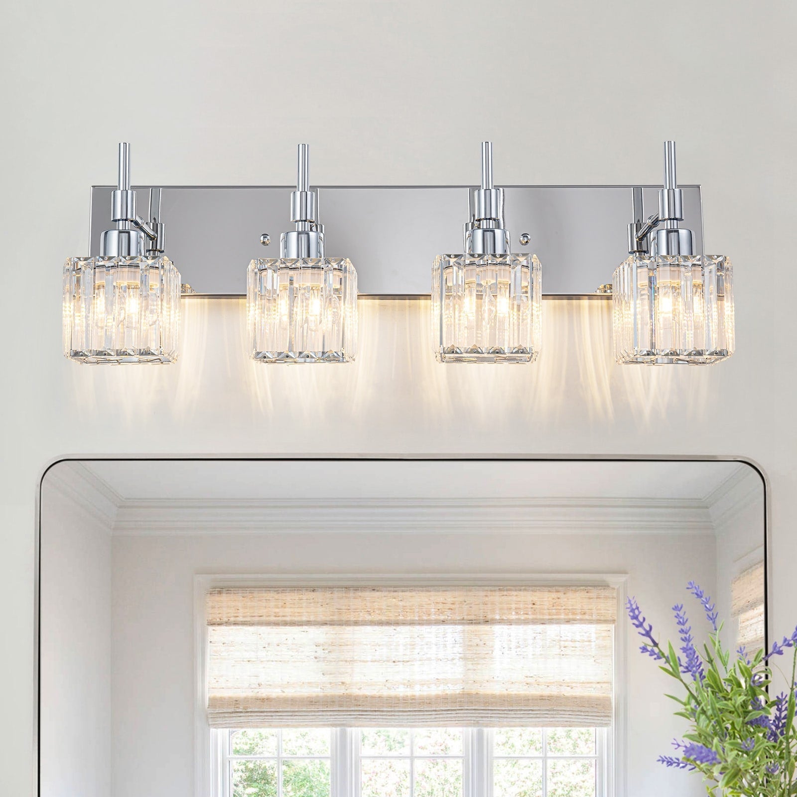 Ora Modern, lampade da bagno in cristallo dimmerabili sopra lo specchio, luci glamour per il bagno