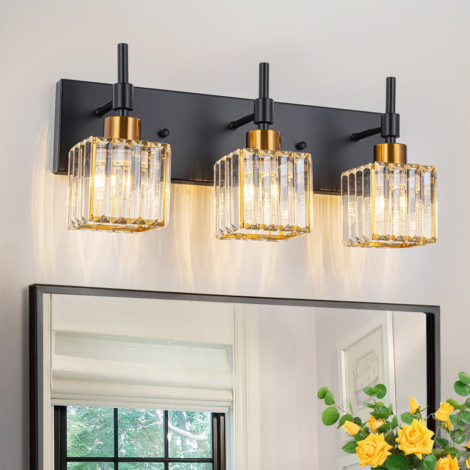 Ora Modern, lampade da bagno in cristallo dimmerabili sopra lo specchio, luci glamour per il bagno
