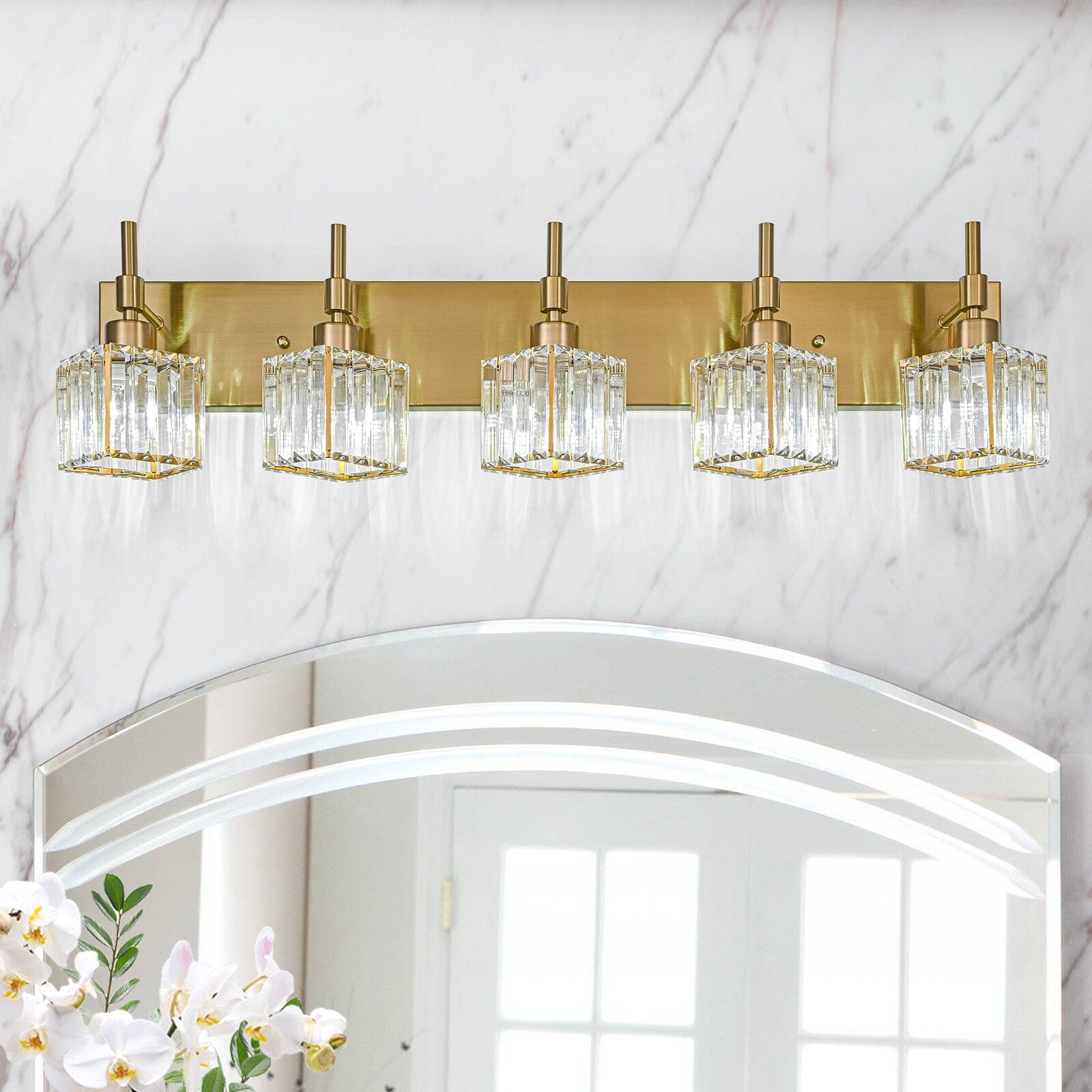 Ora Modern, lampade da bagno in cristallo dimmerabili sopra lo specchio, luci glamour per il bagno