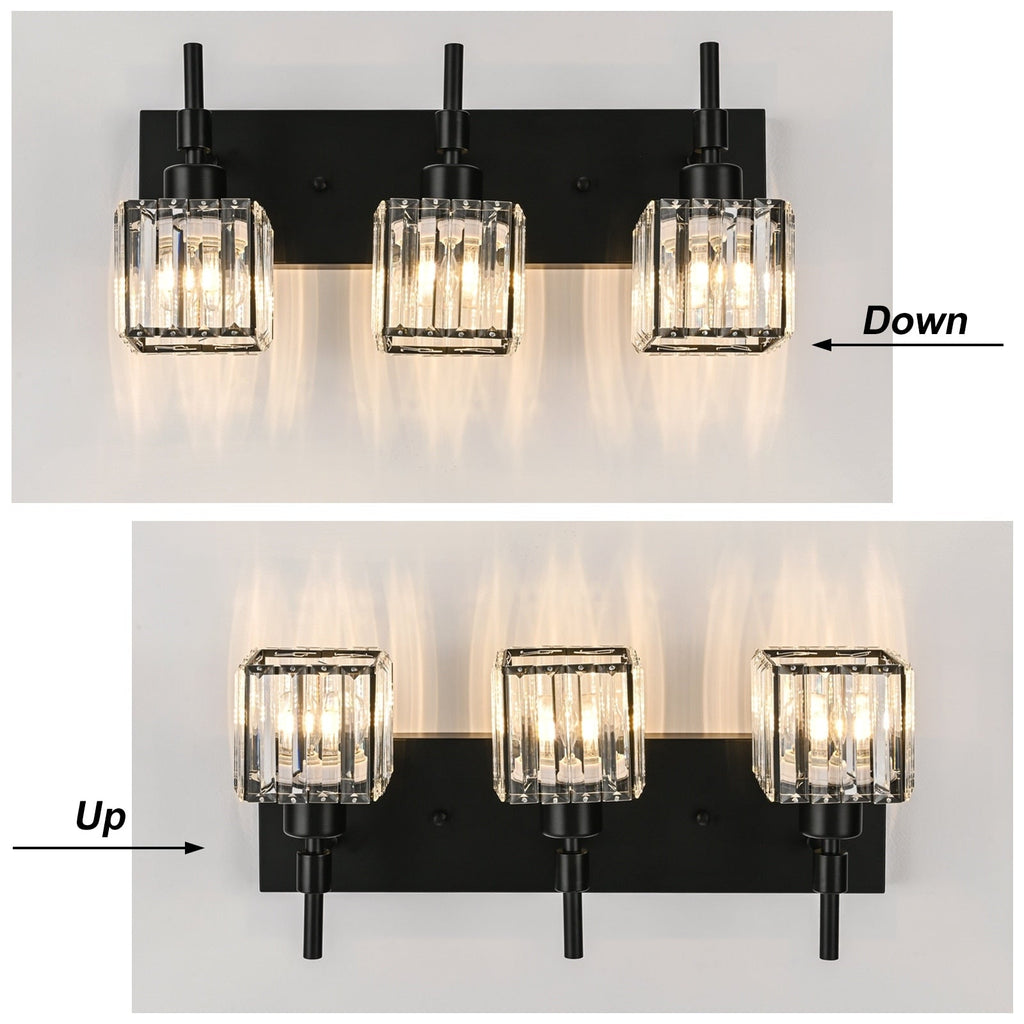 Ora Modern, lampade da bagno in cristallo dimmerabili sopra lo specchio, luci glamour per il bagno