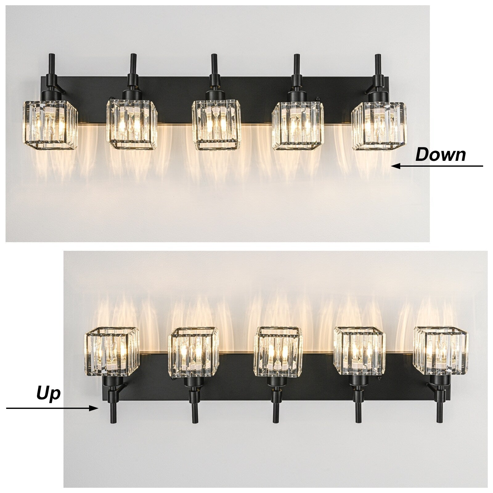 Ora Modern, lampade da bagno in cristallo dimmerabili sopra lo specchio, luci glamour per il bagno