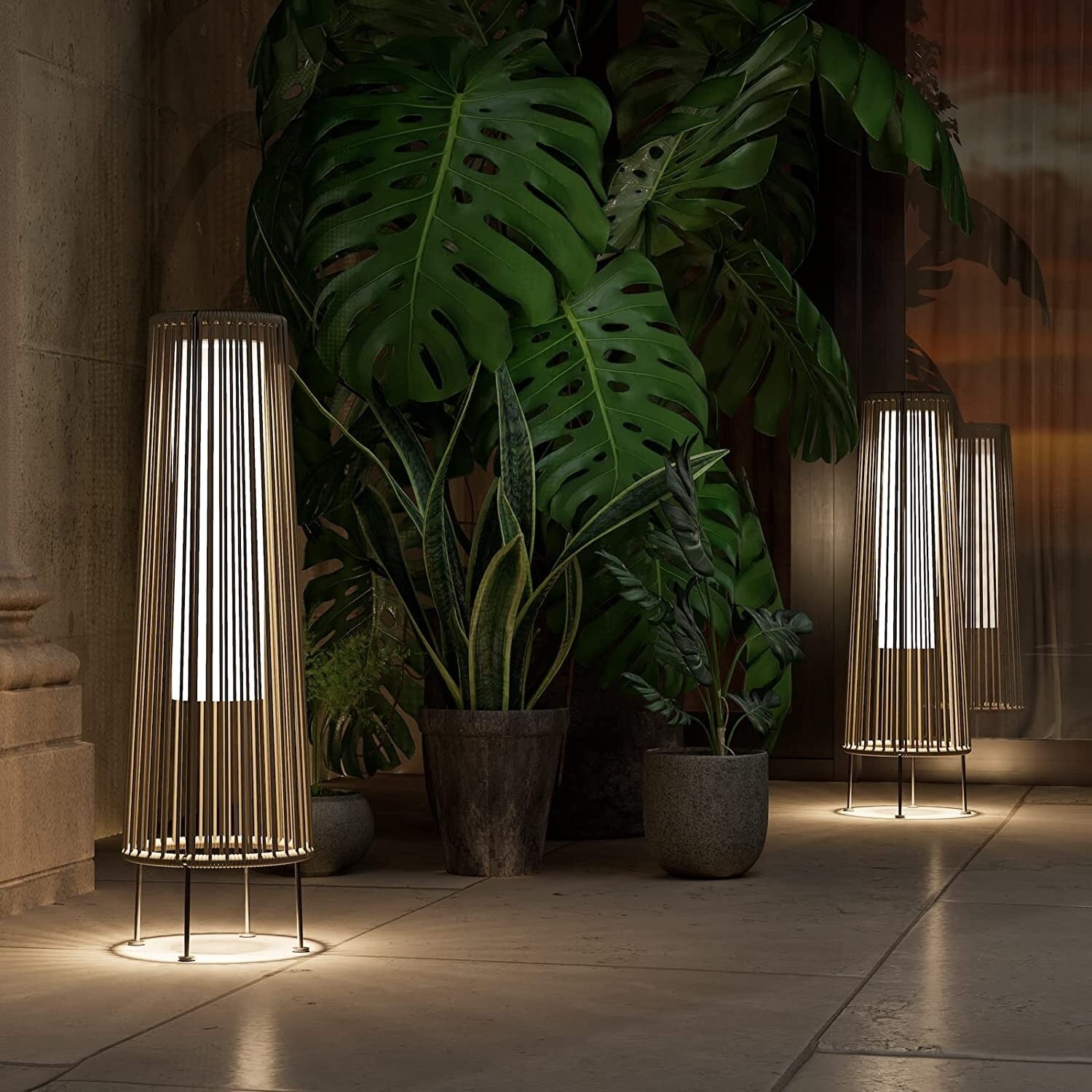 Lampada solare da pavimento per esterni, confezione da 2, lampada solare da patio in vimini per tutte le stagioni, lampada solare da esterno impermeabile per veranda, cortile, giardino